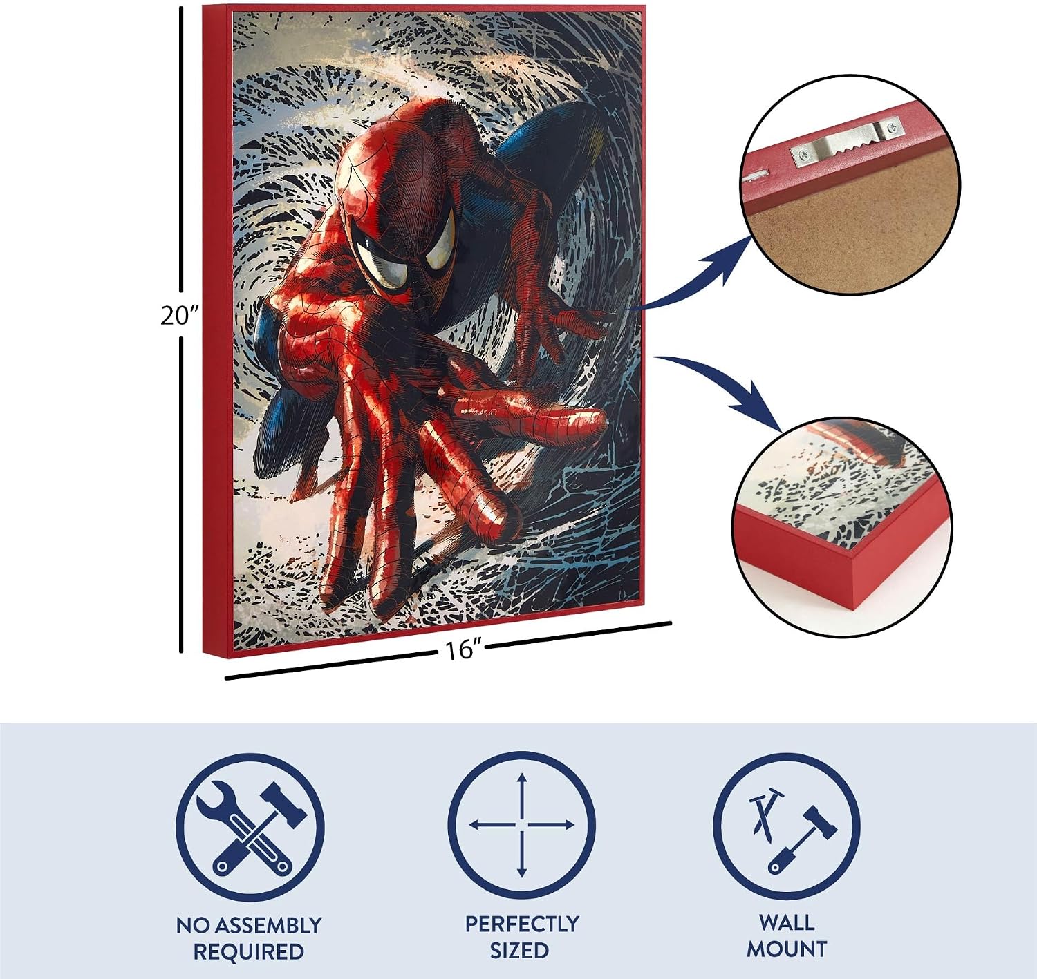 Marvel Spiderman 16"x20" High Gloss Framed Wall Art,Superhero Canvas Print, Action Comic Poster Decor for Boys Bedroom, Playroom or Game Room,Framed Ready to Hang Home Decoration