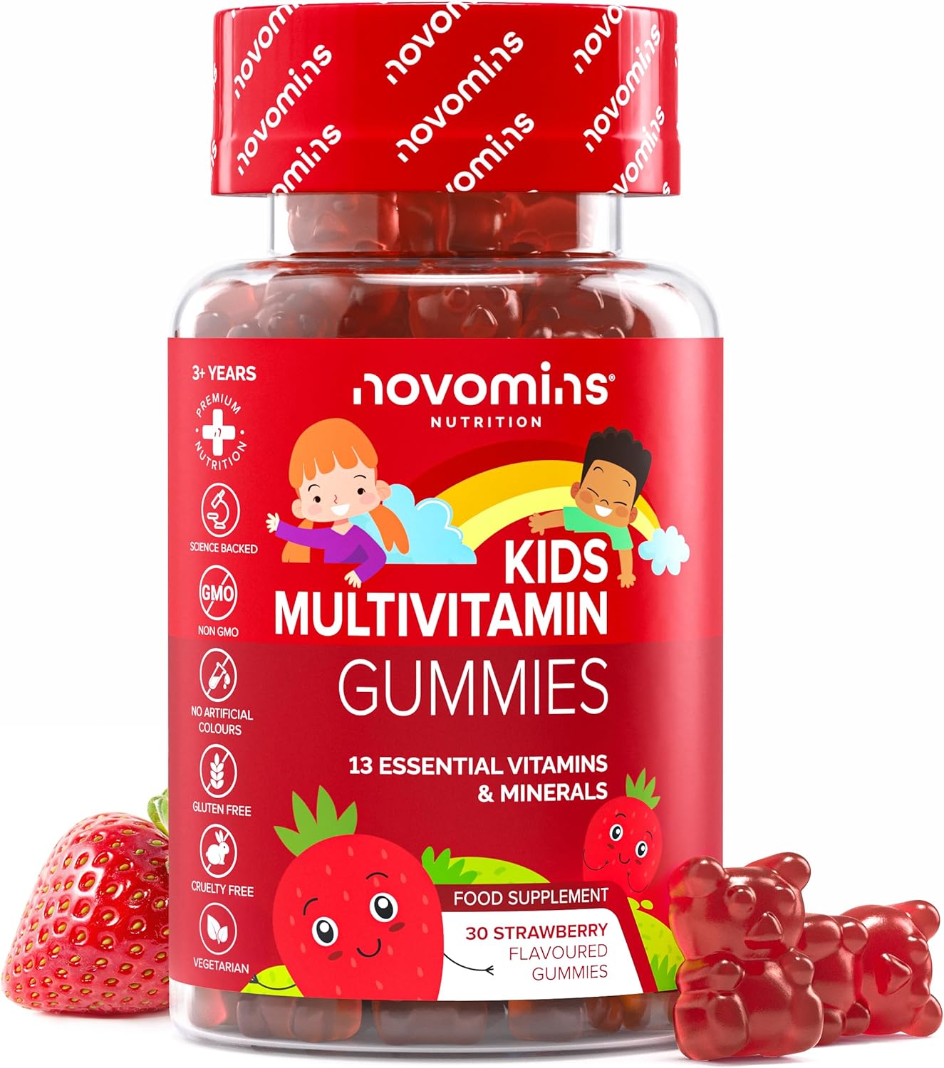 Children’s Multivitamin Gums – 13 Essential Vitamins for Immunity, Growth & Energy – Gelatin Free, Gluten Free, Vegan – 30 Vitamin Erasers for Children Aged 3 and Above – Novomins
