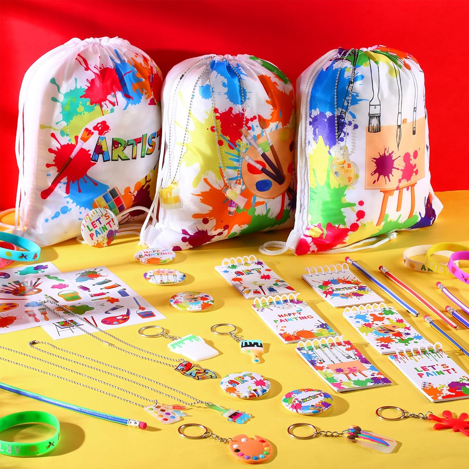 Jenaai 102 Pcs Art Paint Party Favor Supplies Set Gift Includes 12 Drawstring Backpacks 12 Bracelets 12 Badges 12 Keychains 18 Spiral Notepads 12 Pencils 12 Stickers 12 Necklaces