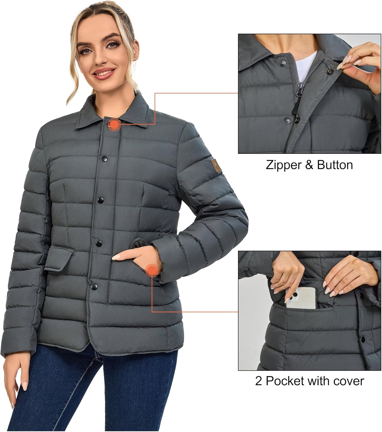 Little Donkey Andy Women's Warm Windproof Puffer Jacket Lightweight Breathable Jacket Winter Long-Sleeve Insulated Coat