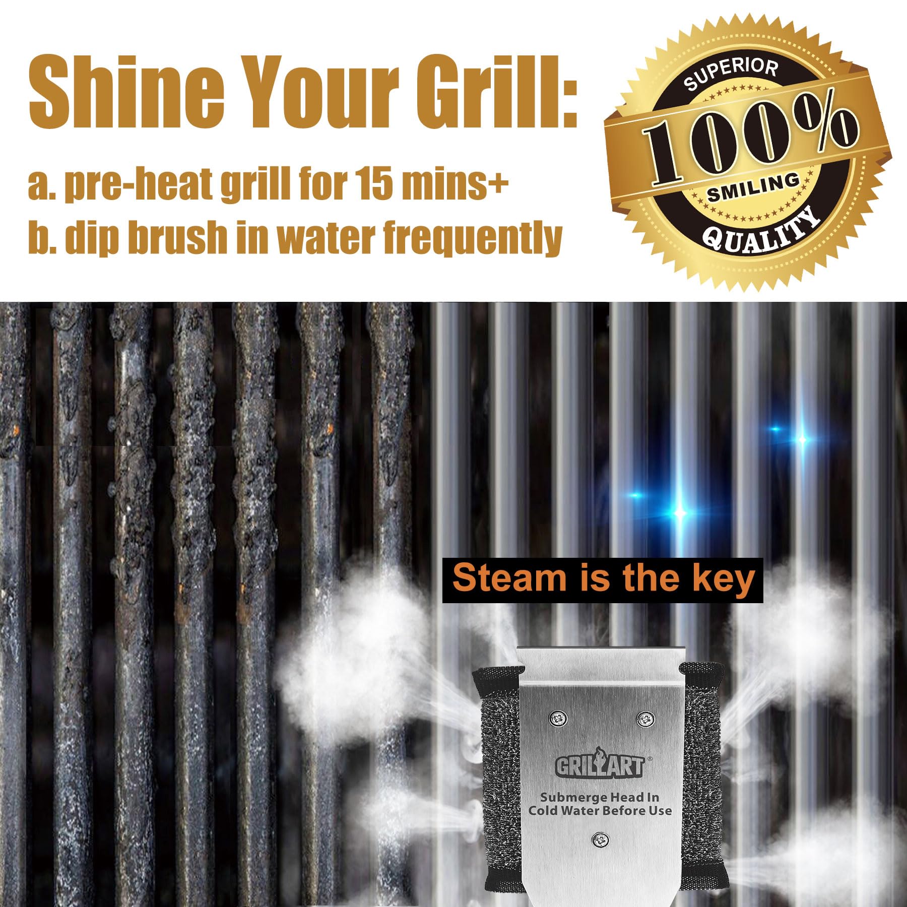 GRILLART SteamWizards - Spazzola per griglia senza setole, sicura per barbecue all'aperto, kit di spazzole per la pulizia della griglia del barbecue con testa sostituibile, accessorio per barbecue,