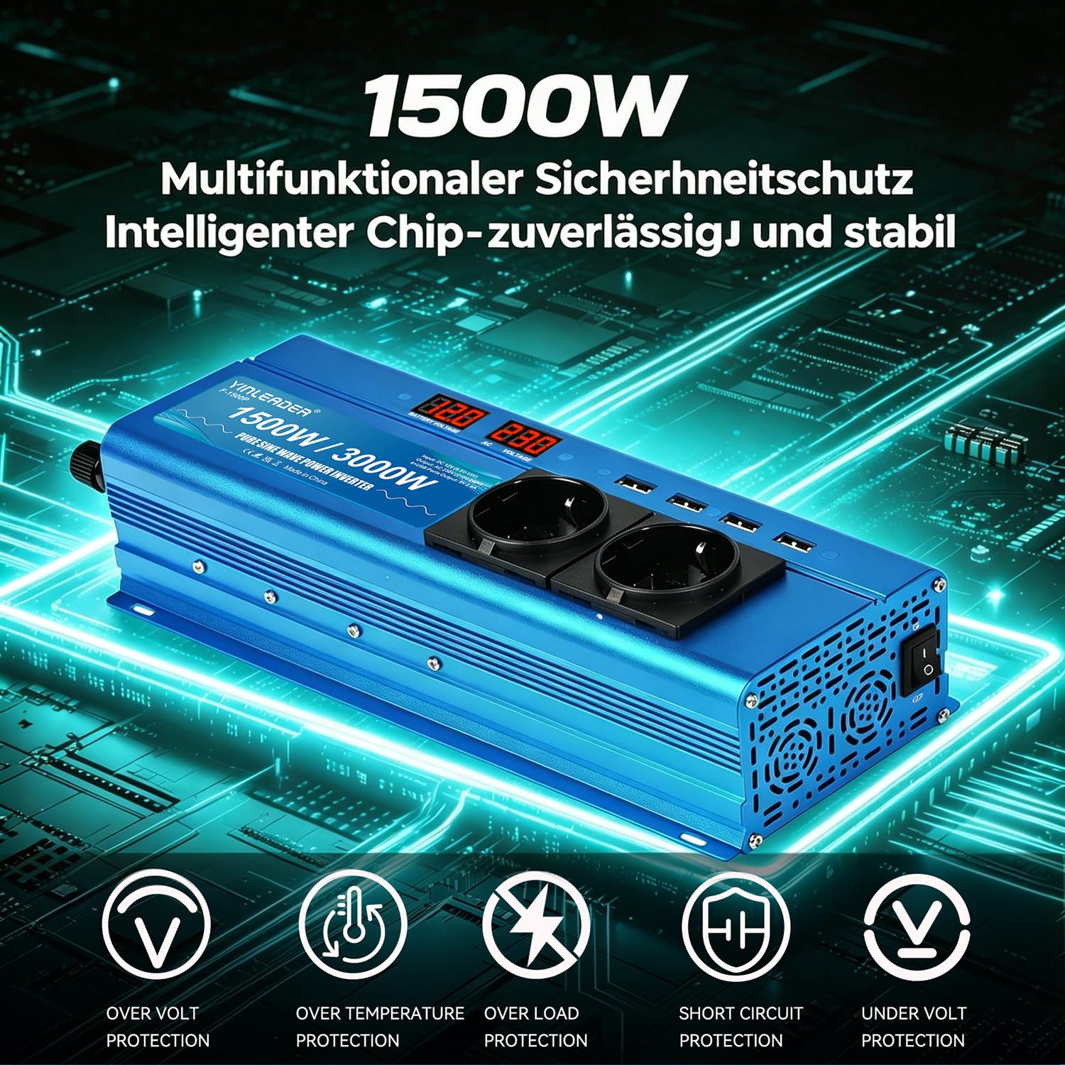 Yinleader 1500W 3000W Pure Sine Wave Power Inverter DC 12V to AC 220V 230V with 2 AC Outlets 4 USB Ports for Car Truck Camper