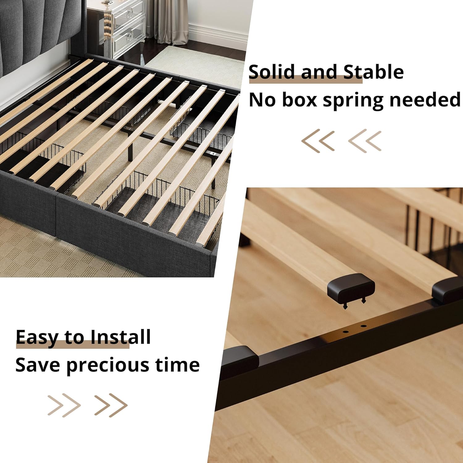 Close-up of the wooden slats and metal frame structure of the LIKIMIO bed frame.