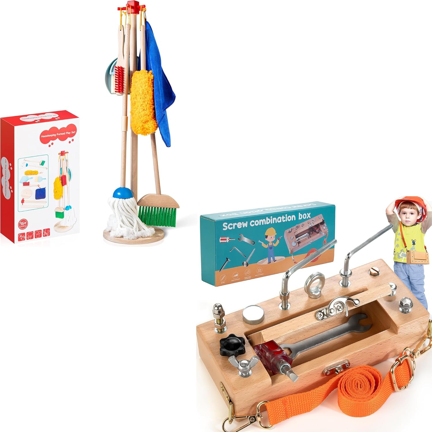 Wooden Kids Cleaning Set for Toddlers & Screwdriver Board Set