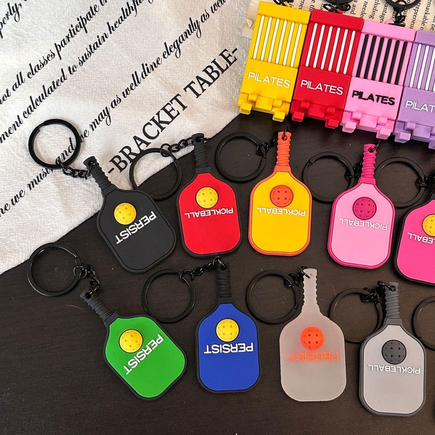 Pickleball Paddle Keychain Set, Silicone Pickleball Keychains with Key Rings, Cute Sport Keychains