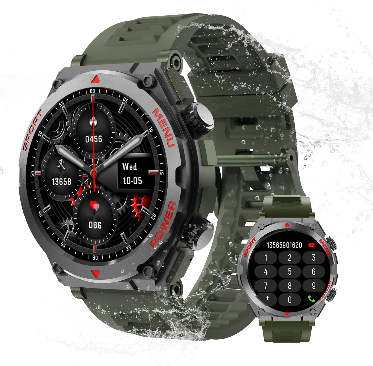 Military Smart Watch for Men, 1.52″ HD Outdoor Smart Watch with Answer/Make Calls, Heart Rate, Blood Oxygen, Steps Monitor. IP68 Waterproof Rugged Smart Watches for Android iOS(arm Green)