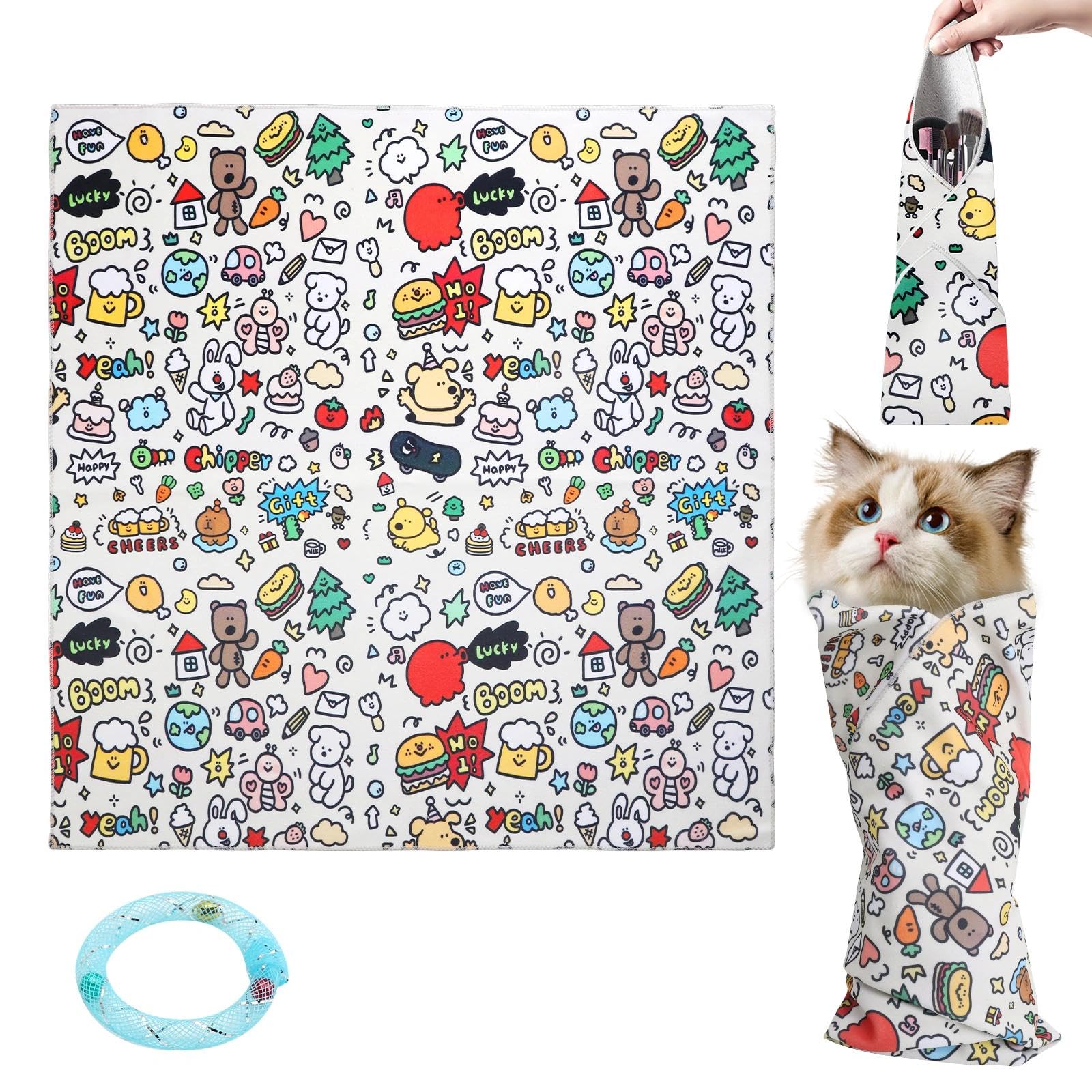 VOSSOT Manta de Sujeción para Gatos Grande 55 x 55 cm con Juguete Gato Donut Azul, Toalla de Cuidado para Cortar Uñas, Aseo, Limpieza y Ayuda para Dar Medicación