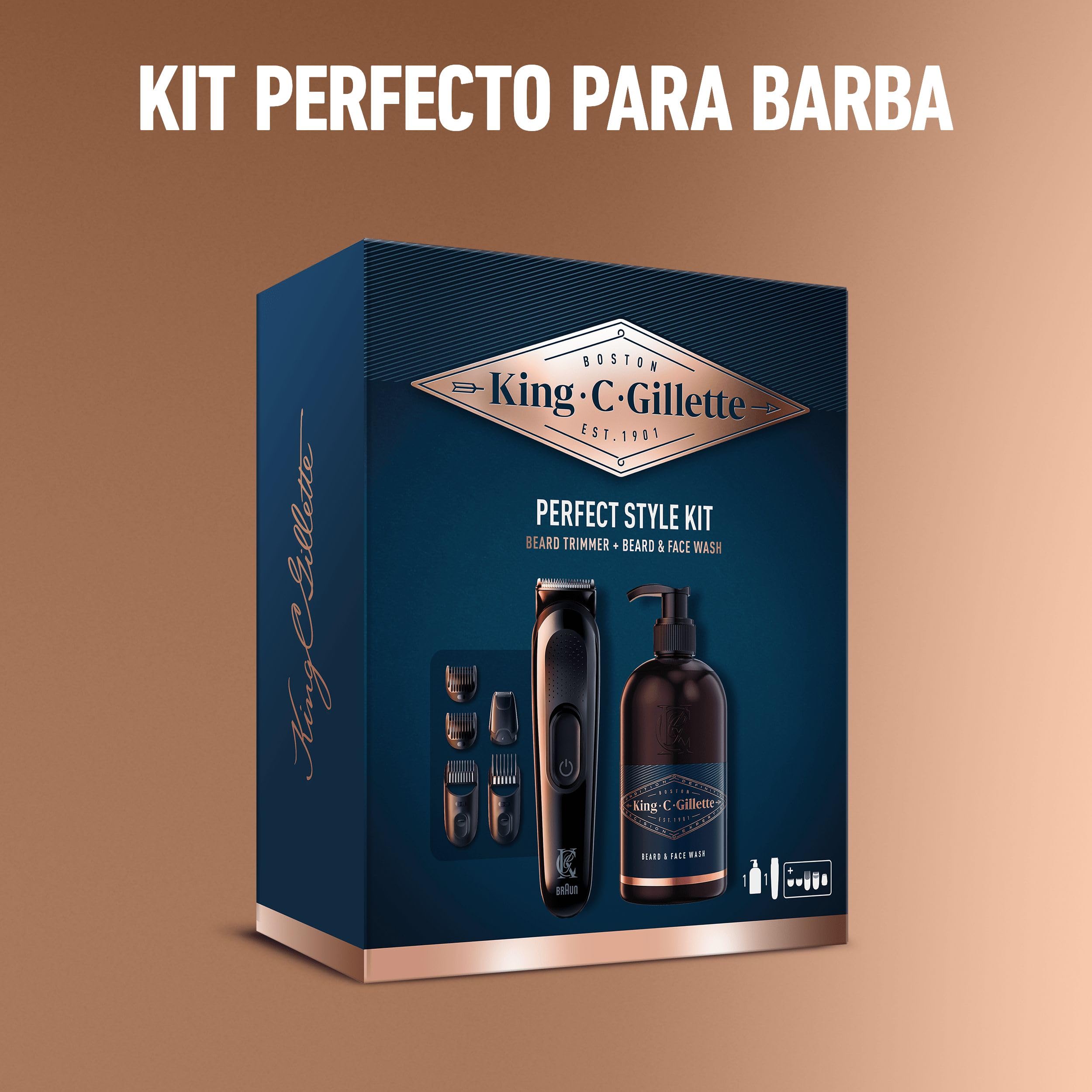 King C. Gillette Recortadora Para Hombre, Kit De Regalo, Máquinilla de afeitar, Recortadora De Barba Eléctrica Y Gel Limpiador 3 En 1 Para Barba, Rostro Y Pelo, 350 ml