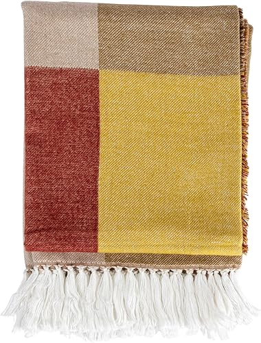 Miniatura 5 de Bloomingville Manta de mezcla de algodón con estampado de bloques y flecos, multicolor