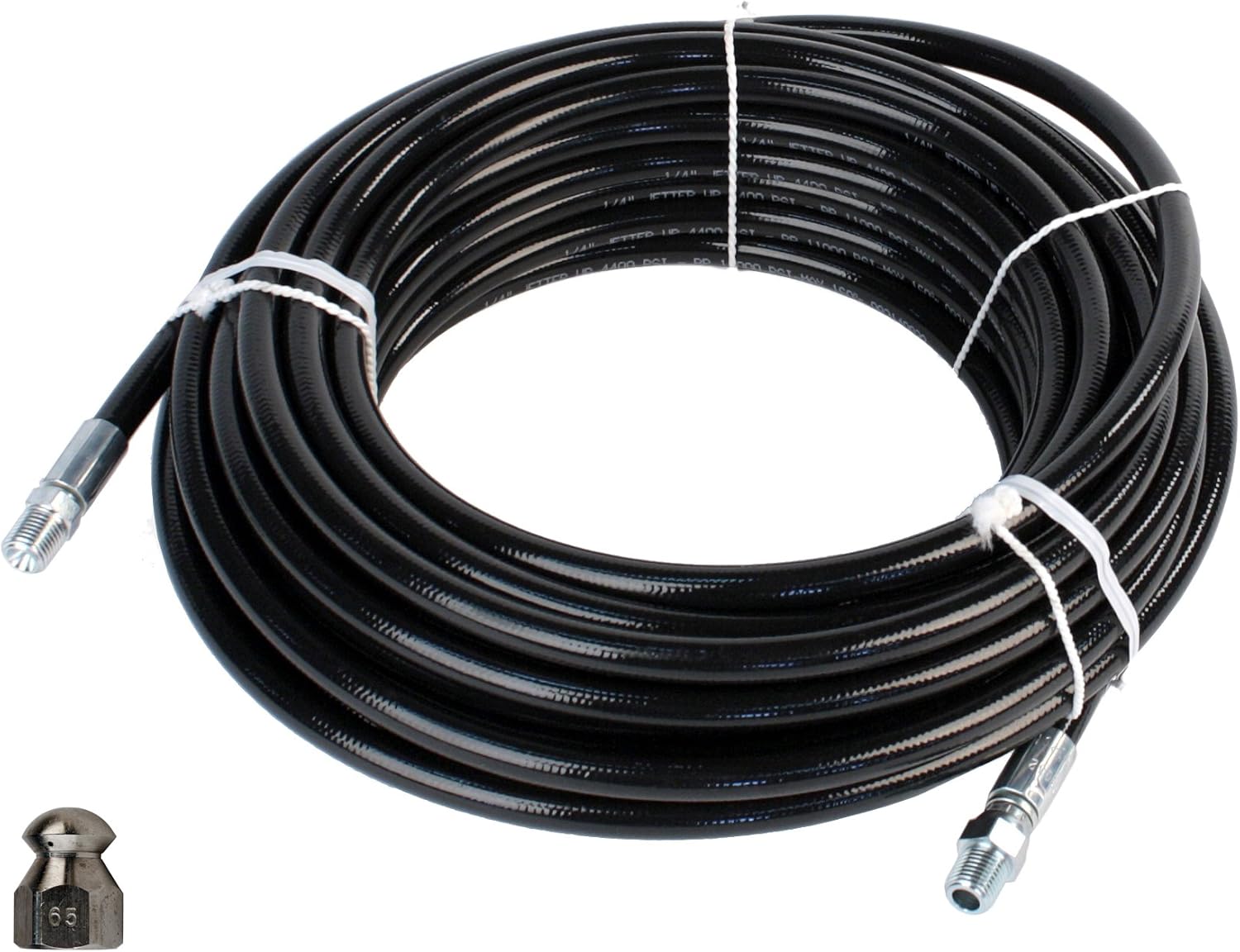 Schieffer 1/4in. x 50ft. 4400 PSI Thermoplastic Sewer Jetter Hose & 6.5 Orifice Button Nose Nozzle
