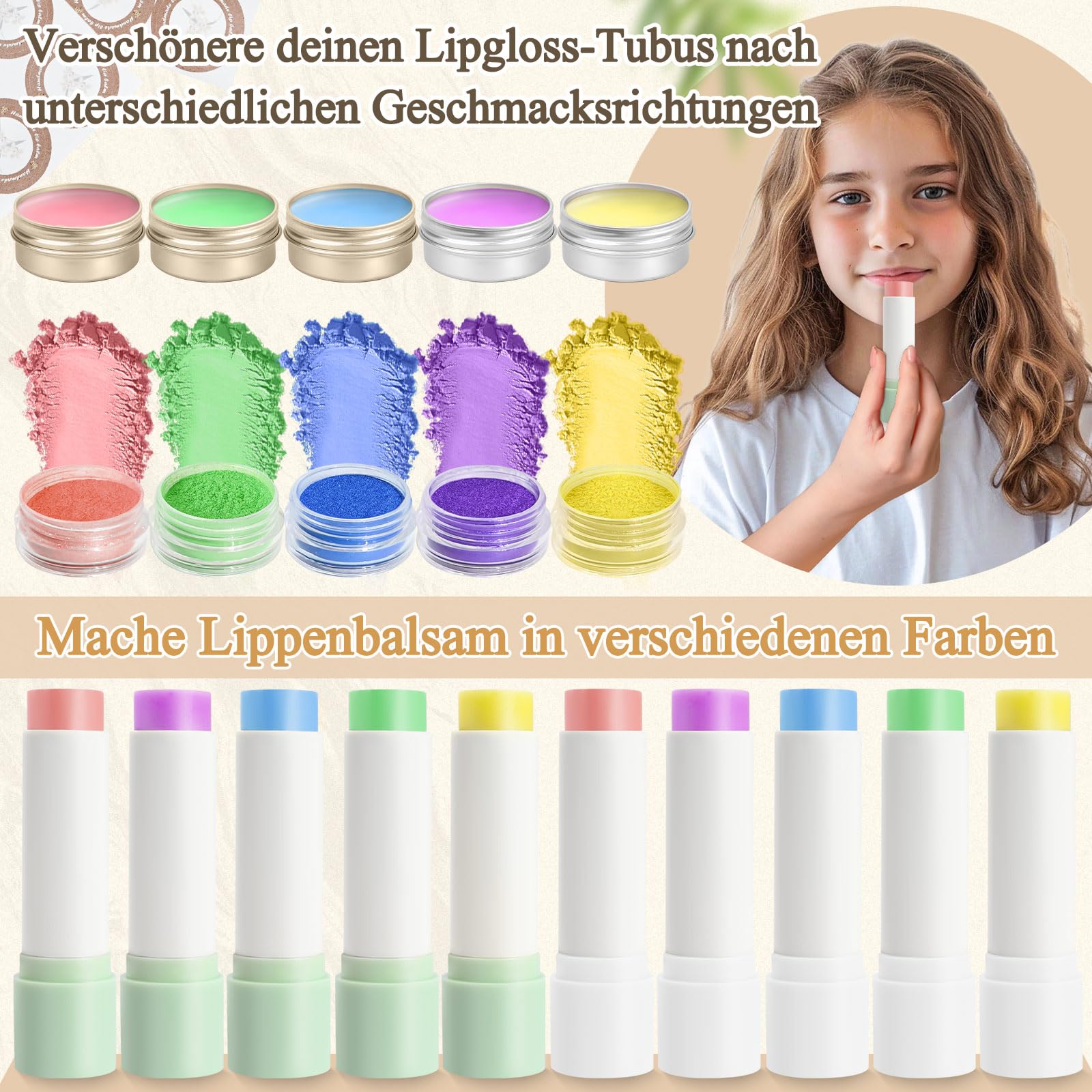 Lipgloss Selber Machen, JUYRLE Lippenbalsam Making Kit, Feuchtigkeitsspendend Kokosöl Mädchen Lippenpflege Lippenstift DIY Herstellungsset Set, Einfaches Kosmetik Make Up Geschenk für Frauen/Damen