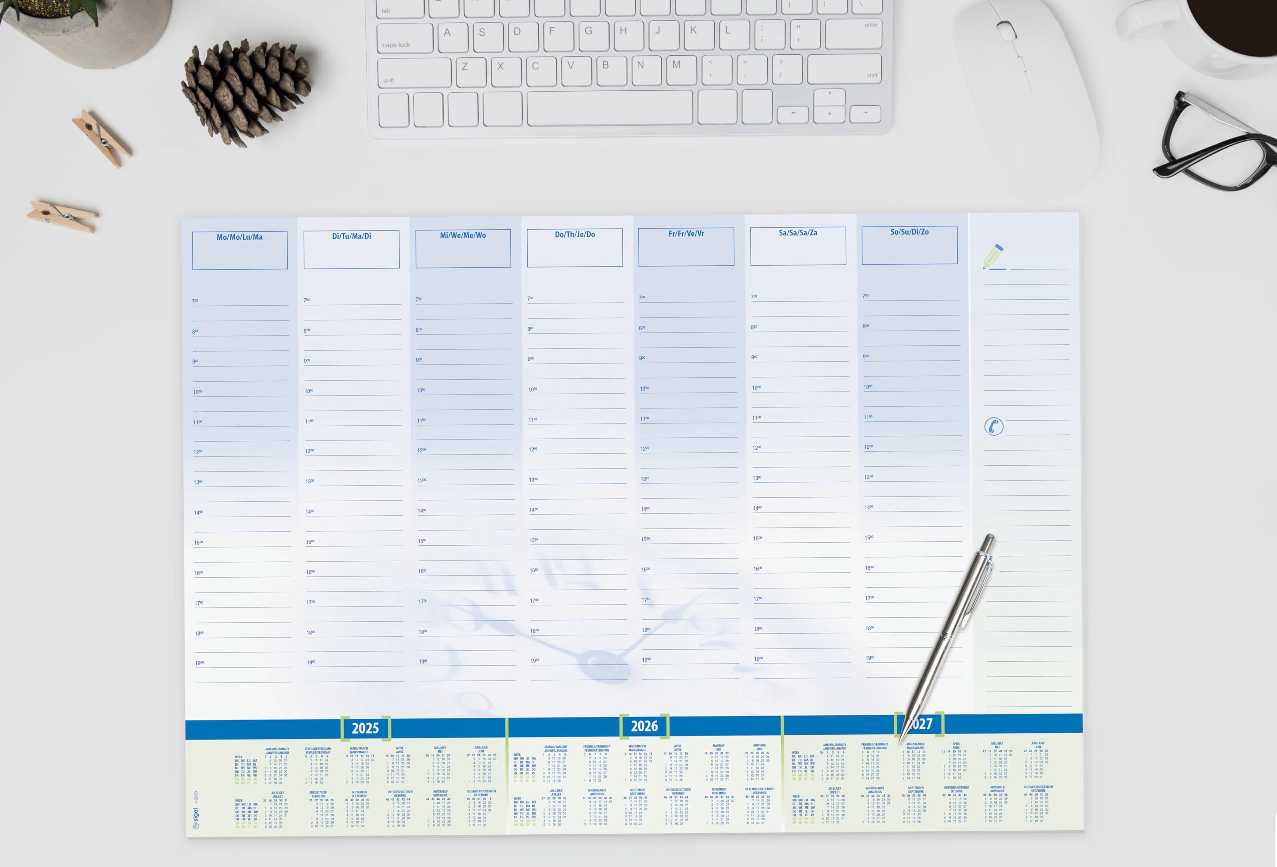 SIGEL HO350/5 Papier-Schreibtischunterlage, ca. DIN A2 - extra groß, mit 3-Jahres-Kalender, Tages- und Wochenplan, 30 Blatt, 5 Stück, vegan, aus nachhaltigem Papier