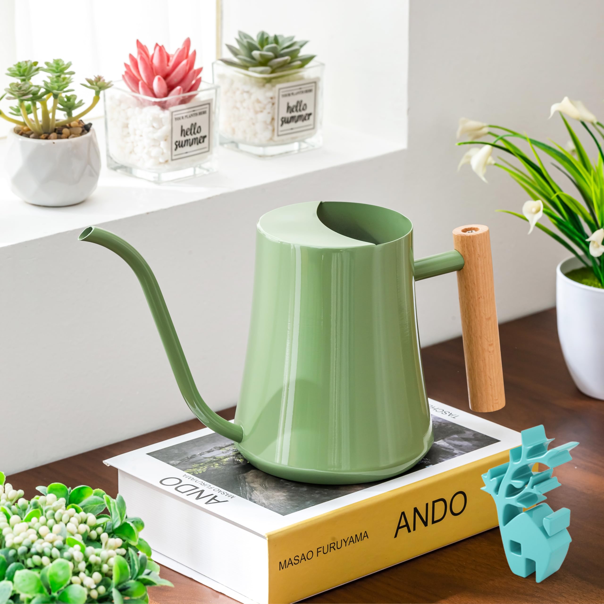 Baffect Gießkanne für den Innenbereich, 1 l, Edelstahl, Bonsai-Gießkanne mit glattem Griff, Metall-Gartengießkanne mit langem Auslauf für kleine Topfpflanzen und Blumen, Salbeigrün
