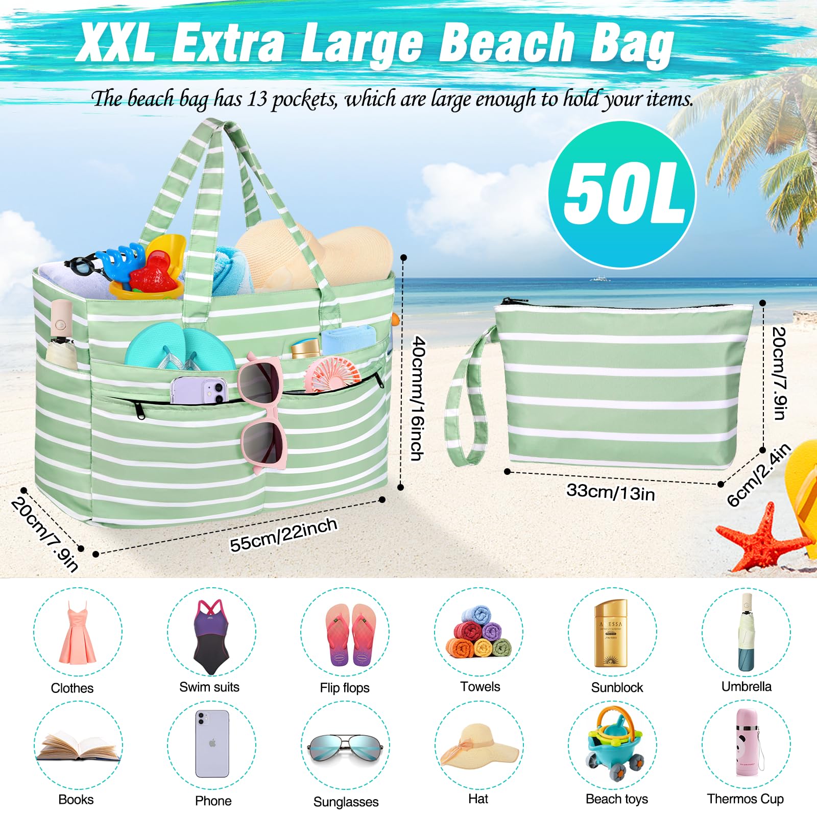 WACCET Borsa Mare Donna Grande, Borsa Spiaggia Donna Impermeabile con Zip Borse Mare Grande XXL Famiglia 50L Pieghevole Leggera Borse Beach Tote Bag per Spiaggia, Viaggio, Vacanza, Piscina