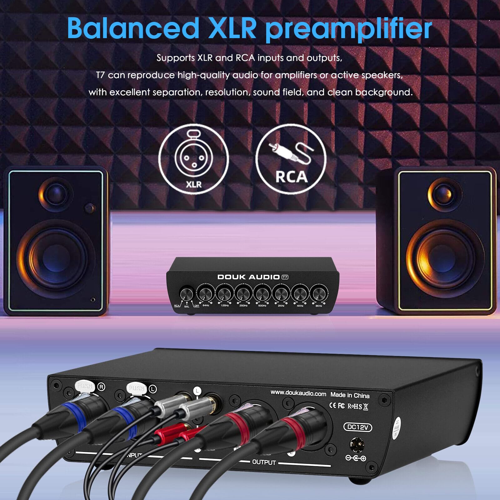 Douk Audio Equalizzatore a 7 bande, bilanciato XLR/RCA preamplificatore per amplificatore domestico
