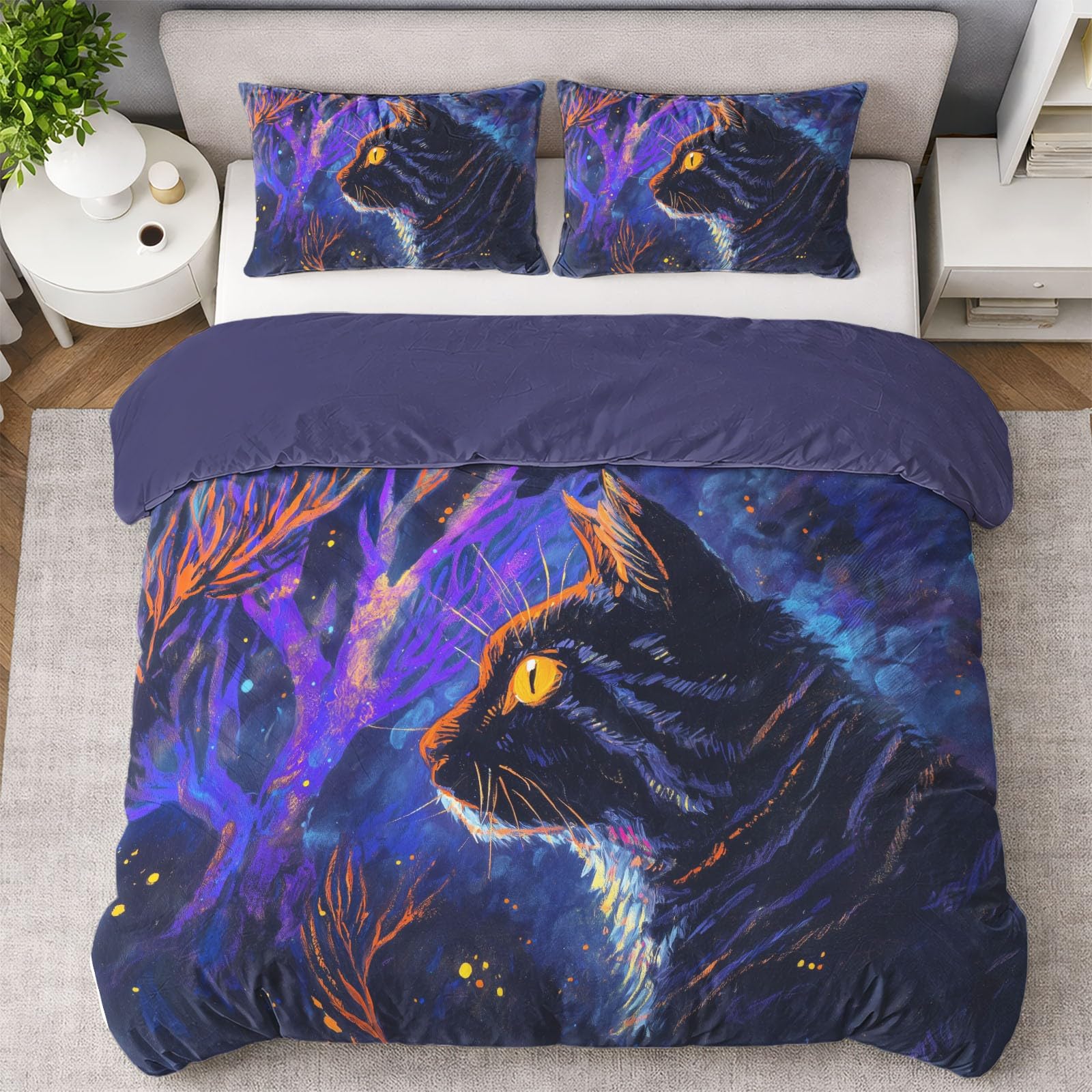 Generisch Fantasy komplet pościeli z motywem kota, lasu, motywem gwiazdek, 155 x 220 cm, 3-częściowy zestaw dekoracyjny, poszewka na kołdrę z mikrofibry, poszewka na kołdrę z 2 poszewkami na poduszkę