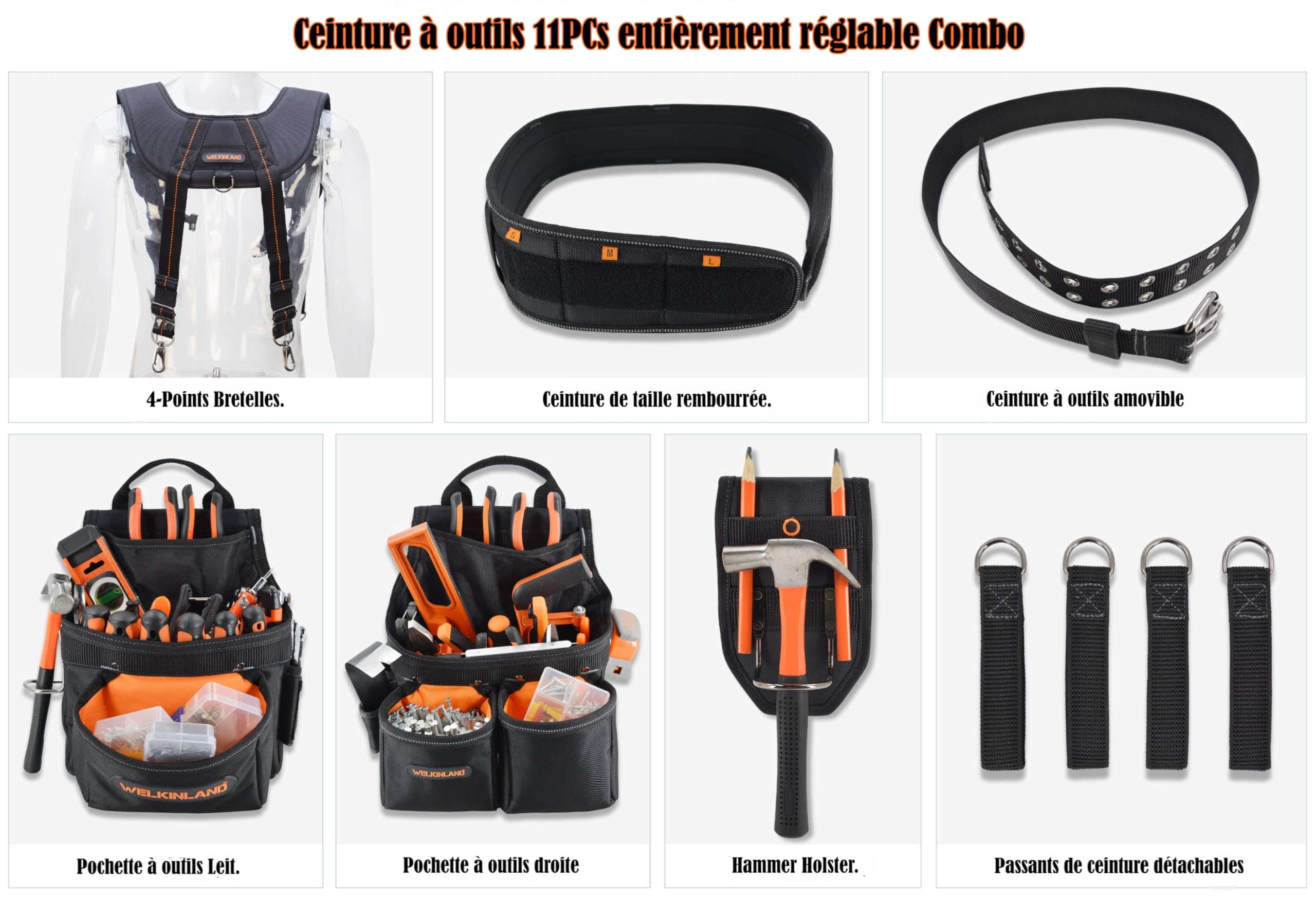 WELKINLAND Ceinture à outils avec 39 poches pour homme, avec bretelles, rembourrée de 10,2 cm, noire avec orange, taille unique (96,5-121,9 cm)