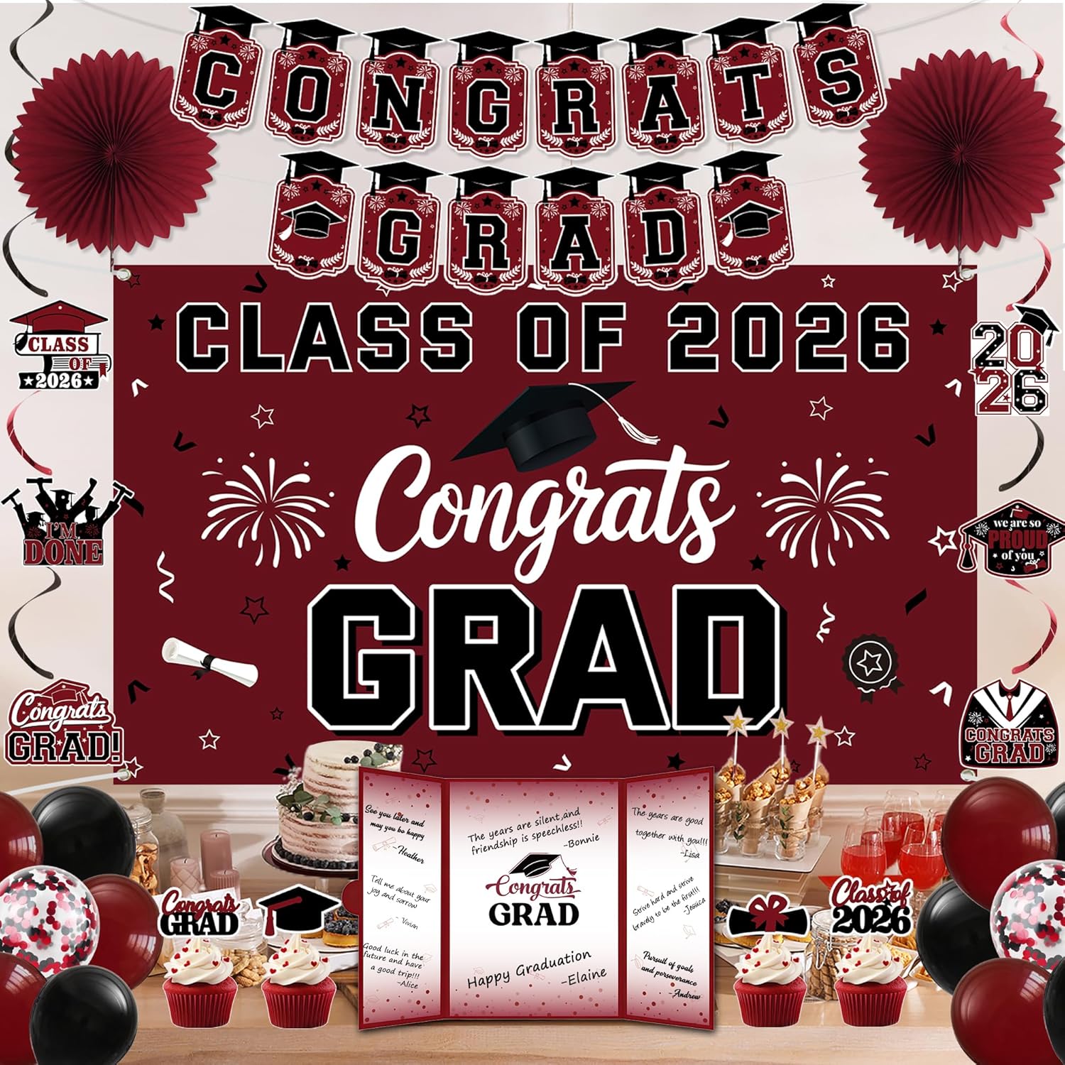 Vlipoeasn Burgundy 2026 Graduation Party Decorations, Class of 2026 College/High School Graduation Decorations Party Supplies, Burgundy 2026 Congrats Grad Backdrop Banner Signature Book