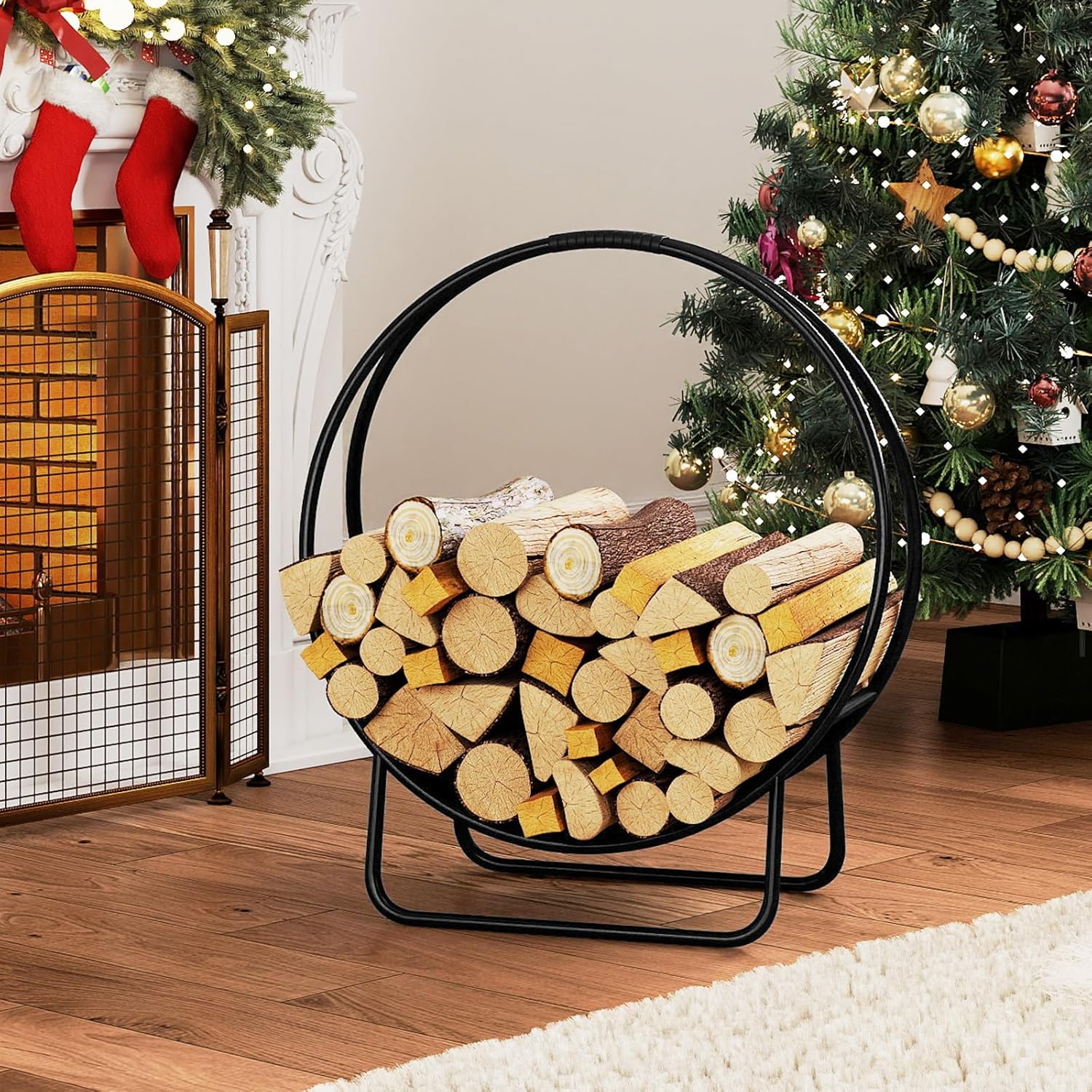 Goplus Firewood Log Hoop, 20" Round Heavy-duty Metal Curved Log Rack with Stand for Indoor & Outdoor, Tubular Wood Storage Holder for Fireplace, Pit, Stove, Campfire, No Assembly