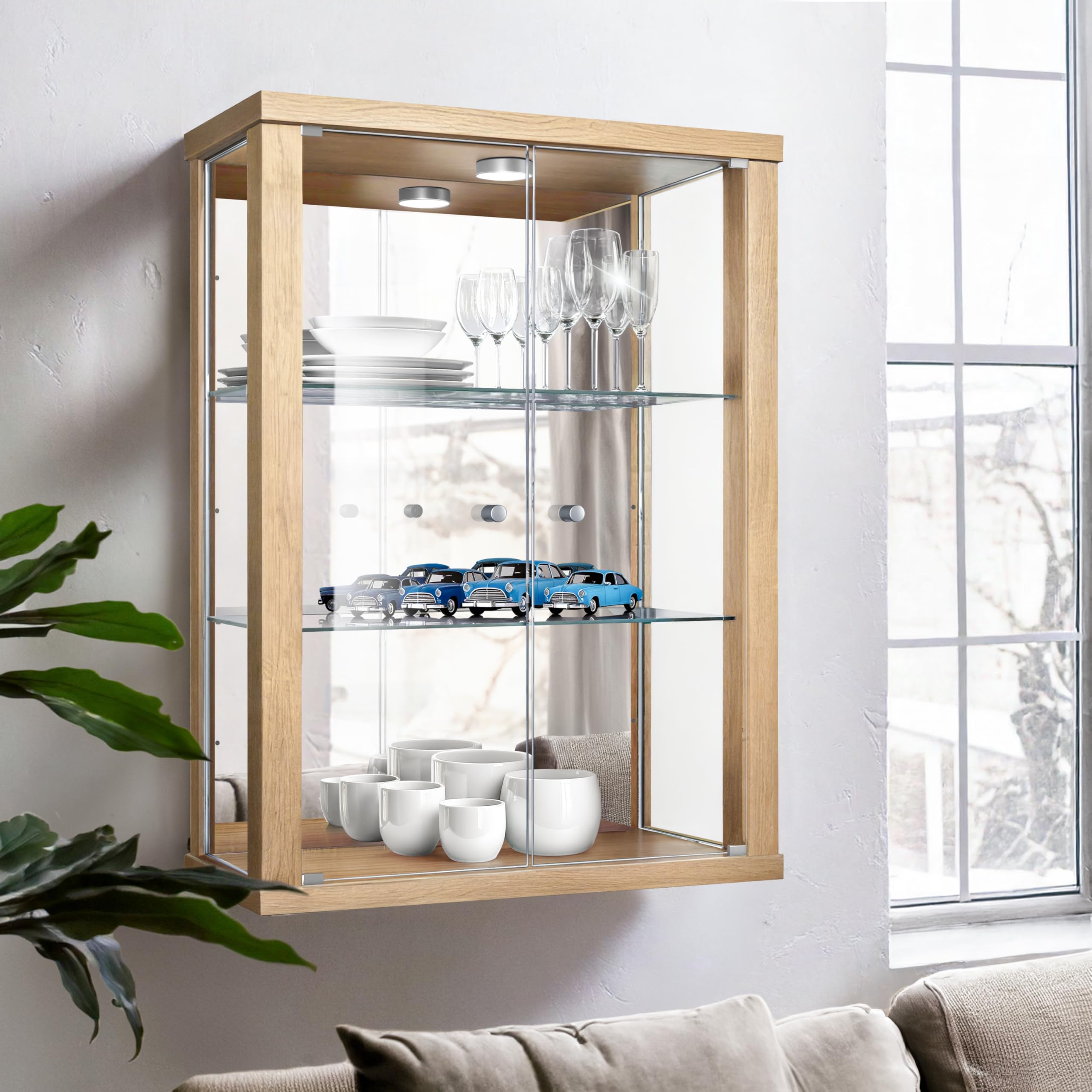 Vitrine Murale pour Collection (80x60x25cm) - Fabriqué en Allemagne - Petite Etagere Vitrine en Verre Suspendue avec 2 étagères réglables en Verre trempé (ESG), Miroir & LED in Hêtre