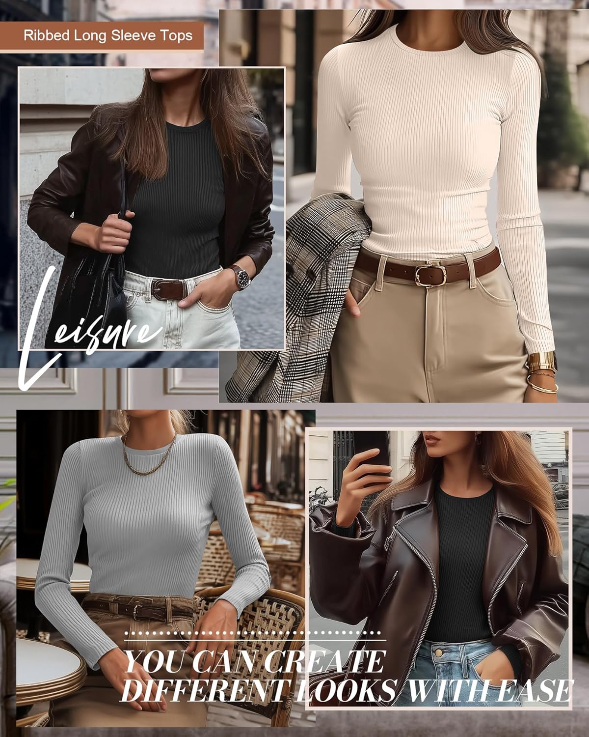 Ficerd 3 Pack Women's Ribbed Long Sleeve Tops, Crew Neck Slim Fit Undershirts Knit Basic Casual Stretch Layering Tee Shirts - Image 4