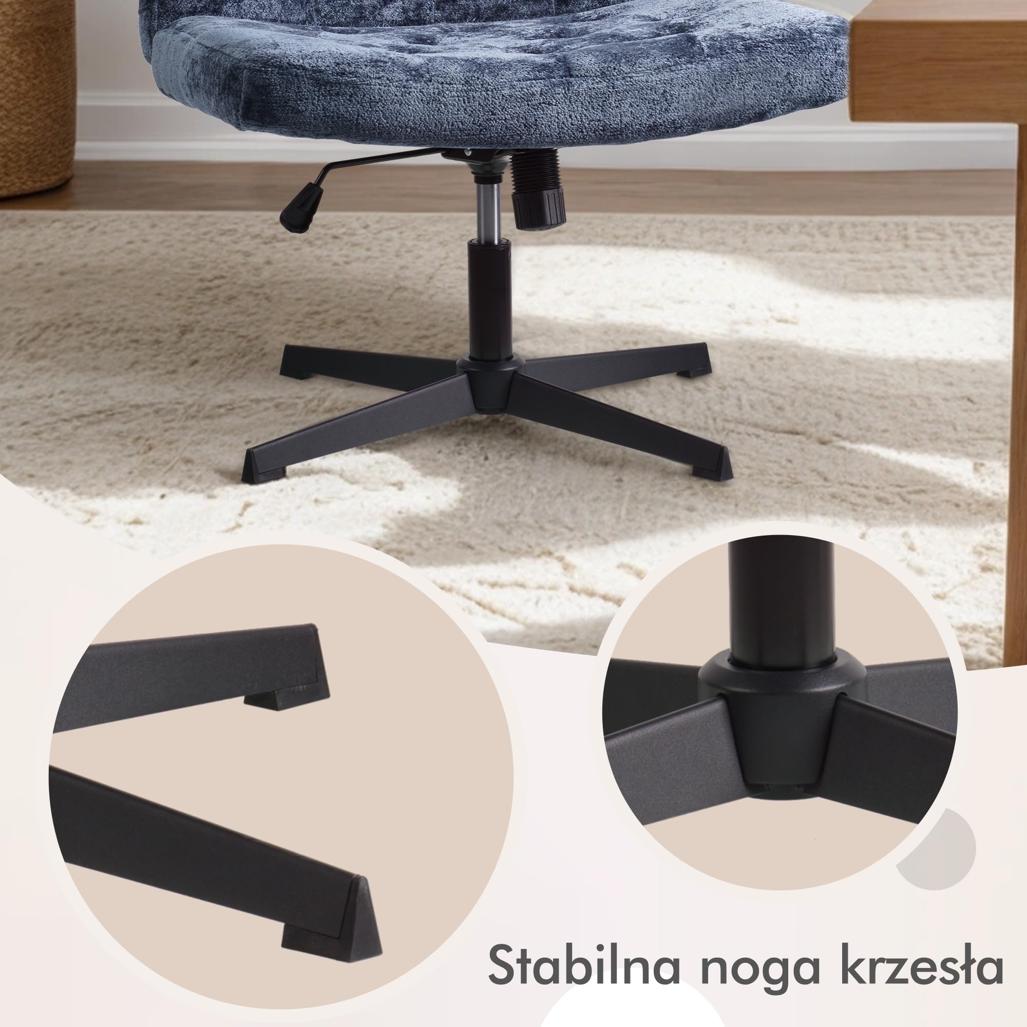 Krzesło na biurko bez ramion, krzesło z szerokim siedziskiem do sypialni, wyściełane krzesło do makijażu z tkaniny, krzesło ze skrzyżowanymi nogami (Niebieski)