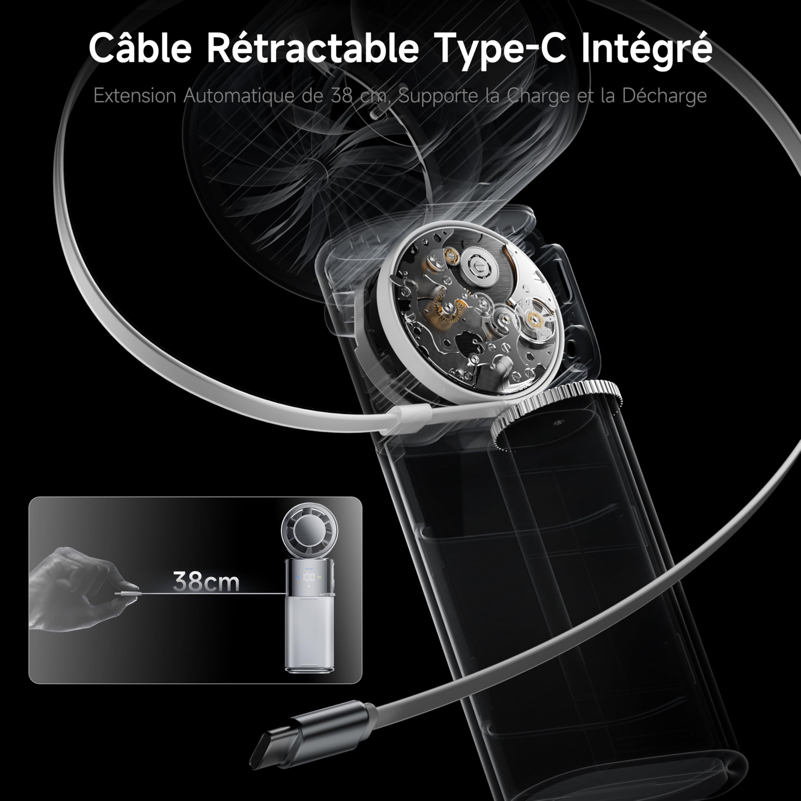 Ventilateur Portable à Refroidissement Rapide · Ventilateur à Main Rechargeable 9000mAh · 100 Niveaux · Câble Type-C Intégré · Écran LED · Inclinable 135° - Blanc