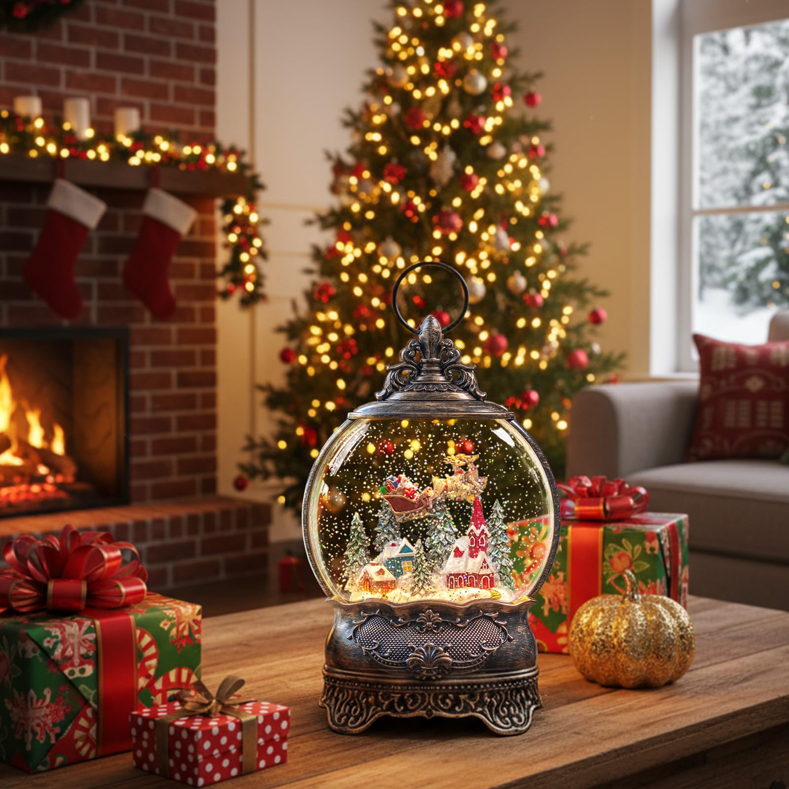 Lanterna natalizia a forma di palla di neve con renna volante, sfere di neve illuminate e scintillanti con musica e timer, decorazioni natalizie per la casa, da tavolo, regali per interni
