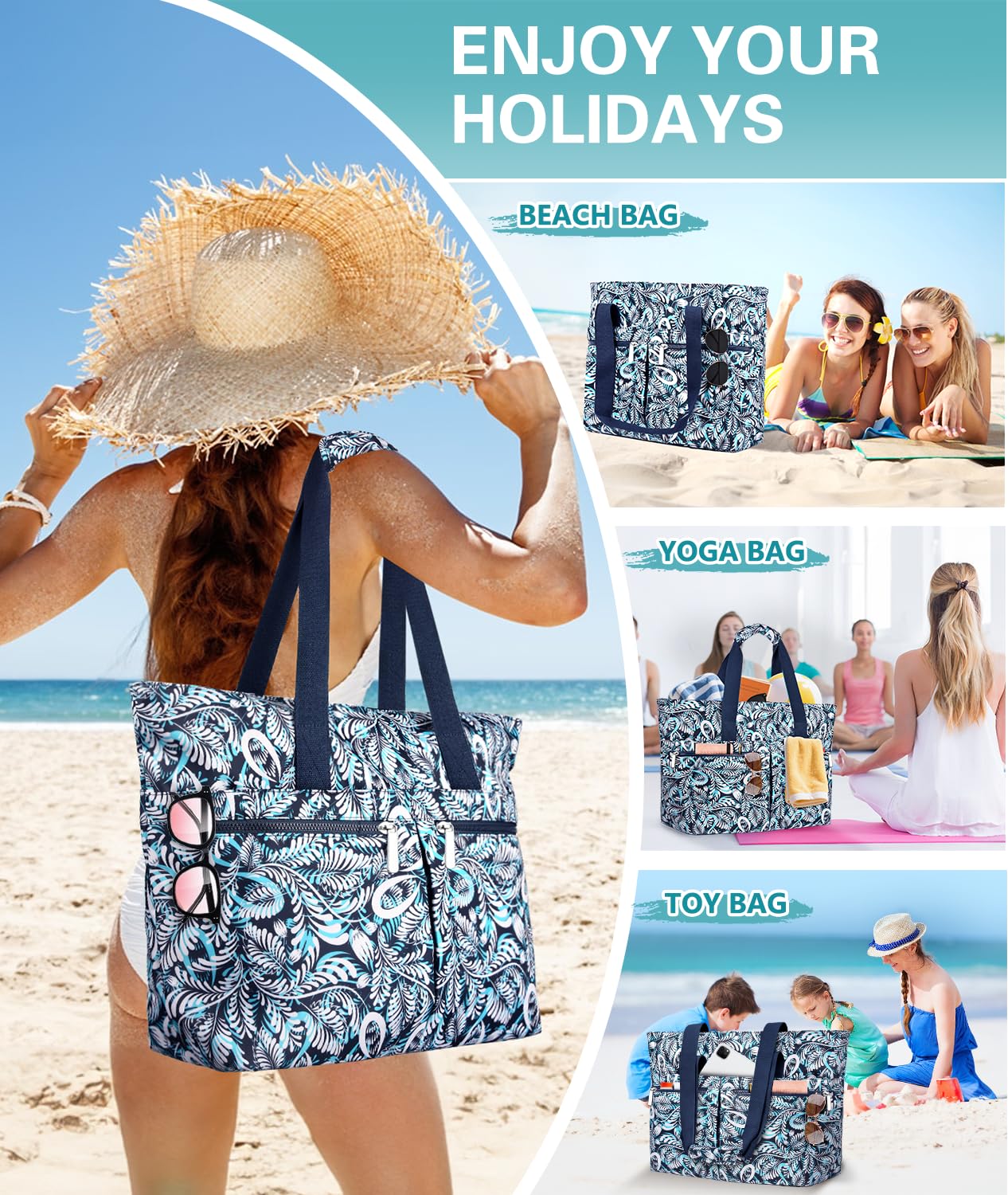 Bolsa Playa Mujer Grande XXL Familiar Bolso de Playa con Cremallera Bolsa Natación Impermeable Bolsa de Viaje Plegable Shopper Tote Bag para Playa Compras Viajes Uso Sauna