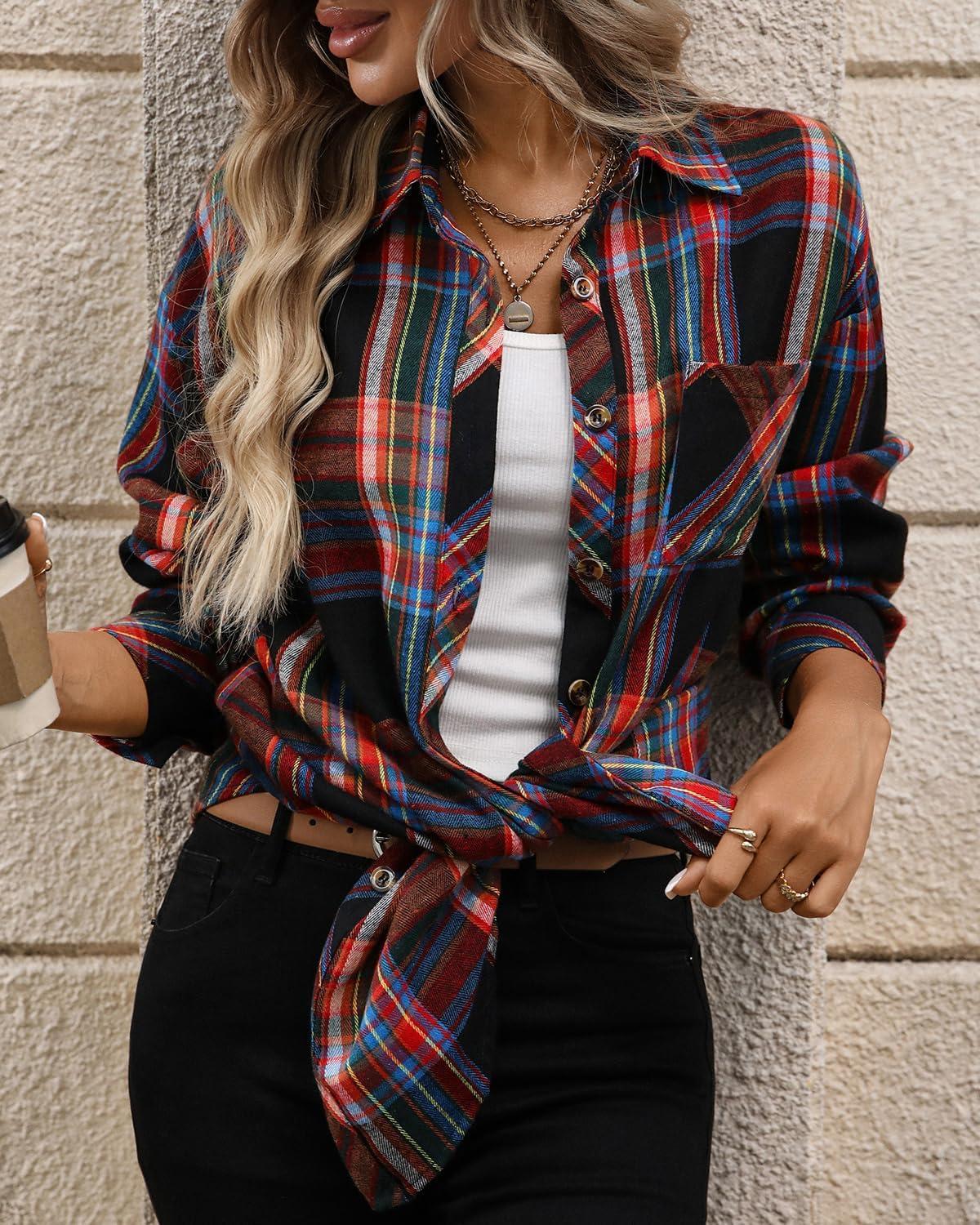 CHYRII Womens Oversized Flannel Shirts Button Down Long Sleeve Plaid Shirt Business Casual Blouse Top - Image 4