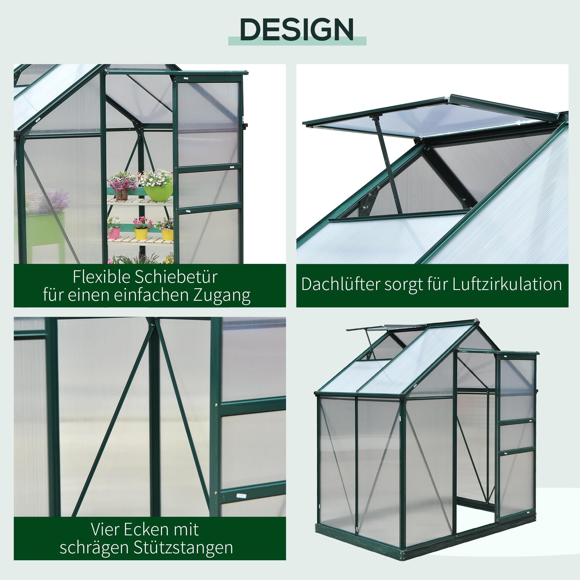 Outsunny Gewächshaus Aluminium 2,51m² 190x132x201cm mit Fundament Dachfenster Schiebetür 4 mm Platten, UV-beständig Treibhaus Aufzucht Tomatenhaus Pflanzenhaus Frühbeet für Garten Outdoor
