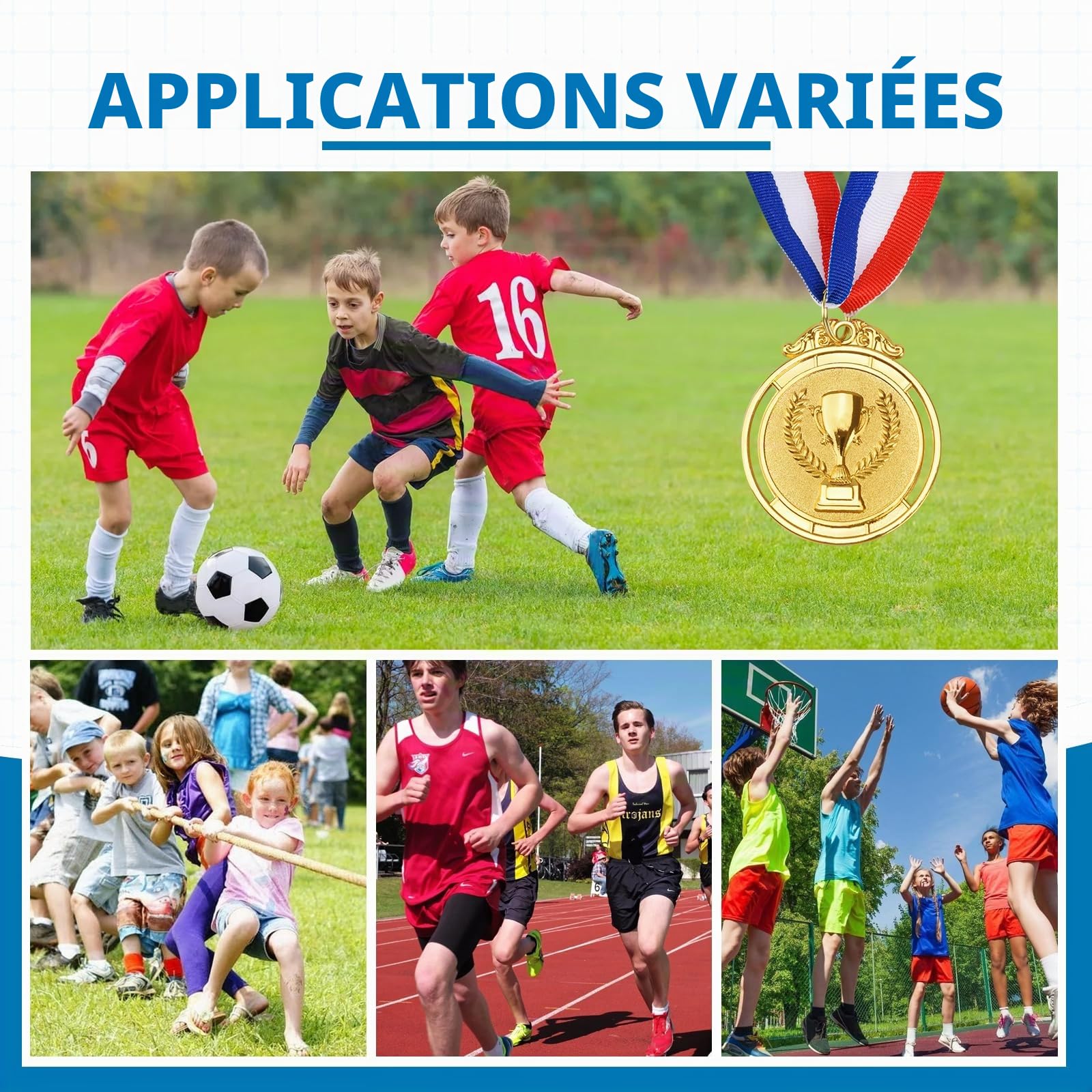 6 pièces de médailles d'or pour récompenses, médailles de récompense en métal pour enfants avec rubans de cou, médailles de vainqueur de trophées de style olympique, médailles d'or pour les prix de