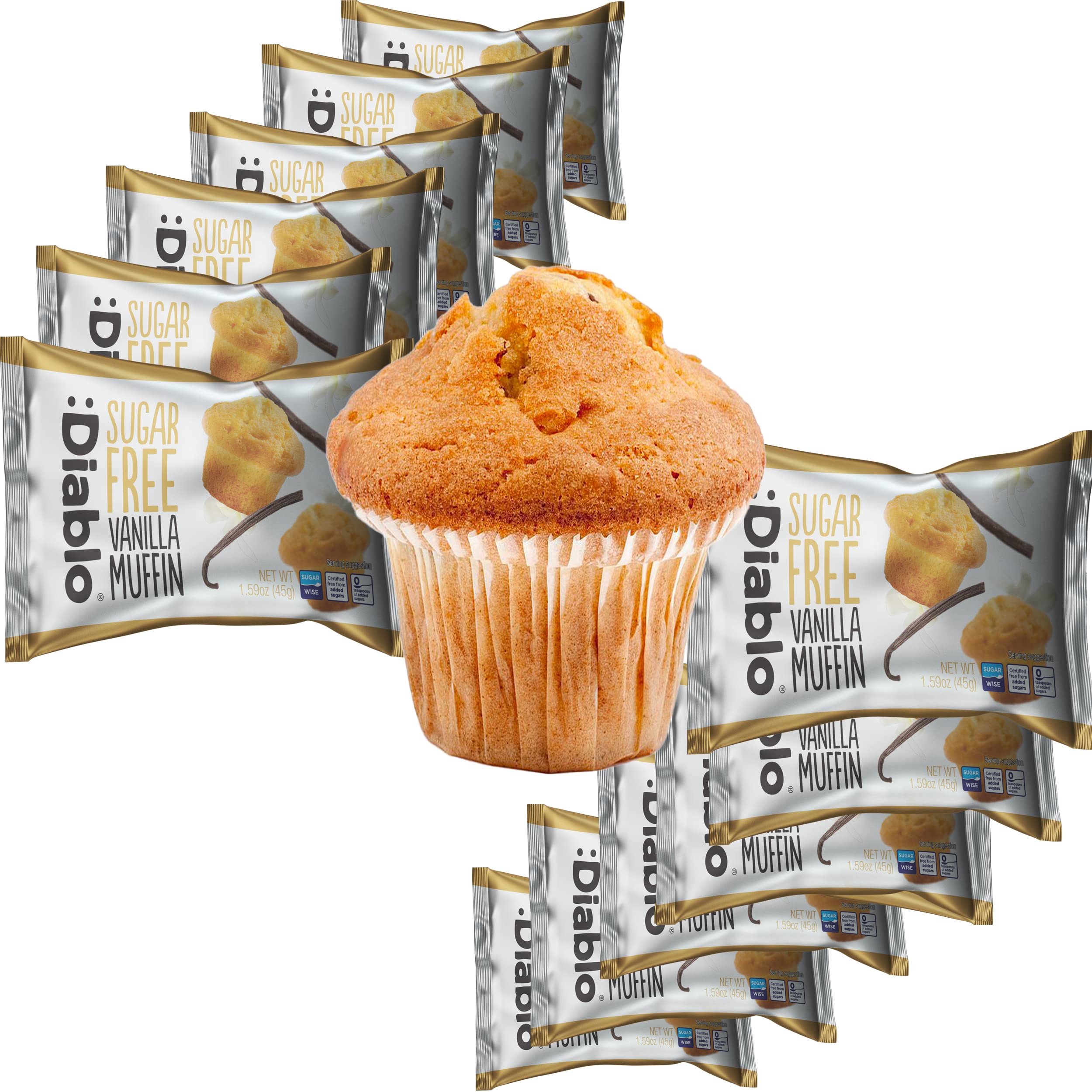 Diablo Sugar Free Vanilla Muffin Cupcake - Sweetened with Maltitol, Halal & Kosher Approved, Sugar Free Snacks - Perfect for Gifting, Birthdays, Special Occasions - 45g Each, Pack of 12