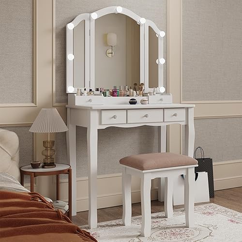 Miniatura 3 de Makeup Vanity with Lights Vanity Desk with Mirror and Lights Makeup Vanity with Drawers Vanity Table with Light Vanity with Lighted Mirror and Chair