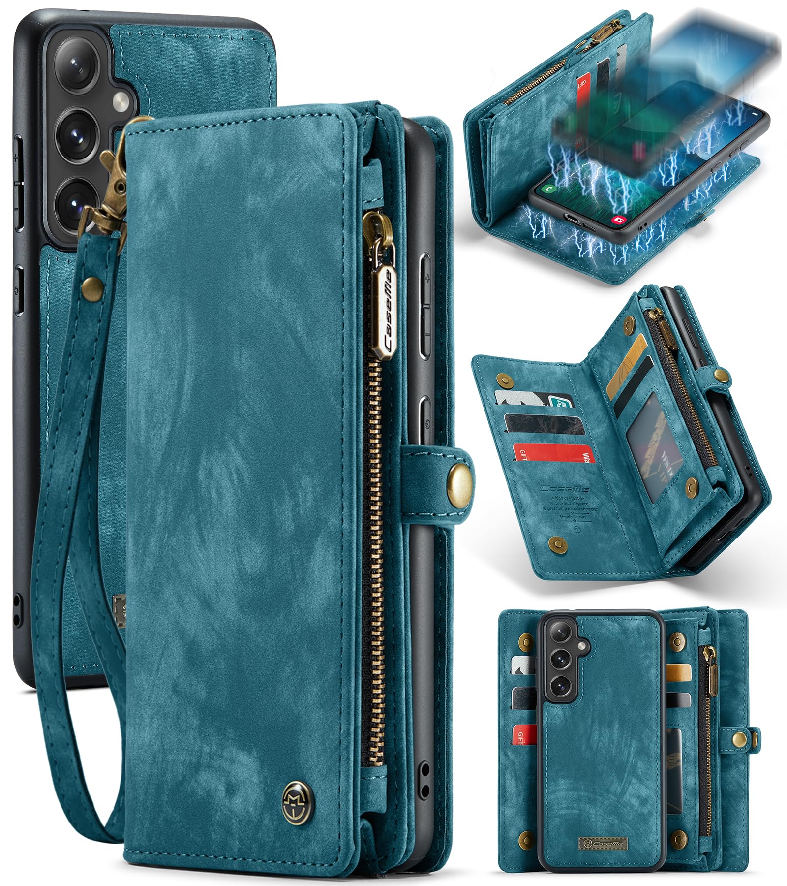 Kowauri Wallet Case for Samsung Galaxy S24 FE, Zipper Purse Folio Leather Wallet with Card Holder Wrist Strap Detachable Magnetic Shockproof