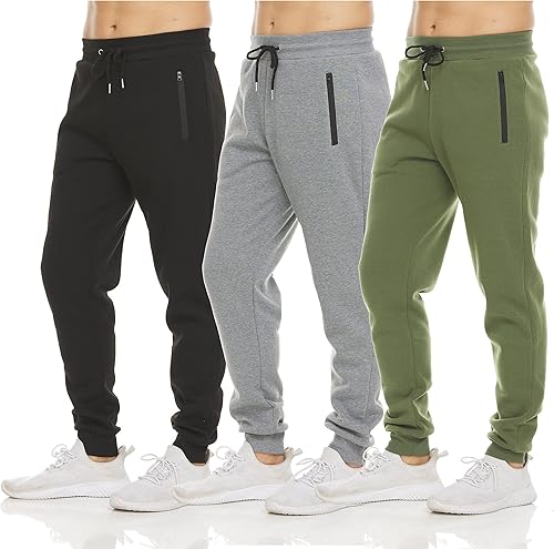 PURE CHAMP Paquete de 3 pantalones deportivos de forro polar para hombre, con bolsillo con cremallera y cordón, talla S-3XL