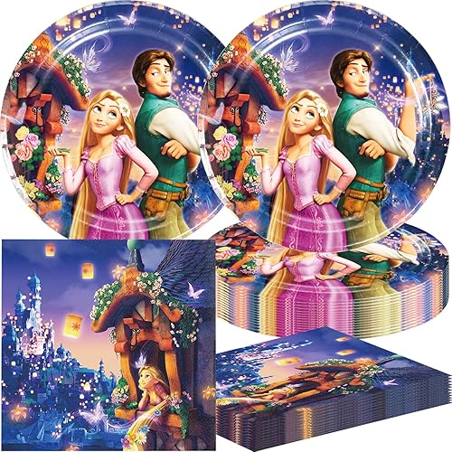 40 suministros de fiesta Rapunzel incluyen 20 platos, 20 servilletas para la decoración de fiesta de cumpleaños enredada
