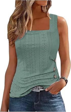 CHUNTIANRAN Color Block Ruched Button Square Collar Tank Top for Women Summer Tank Tee Casual Loose-Fit Sleeveless Shirt