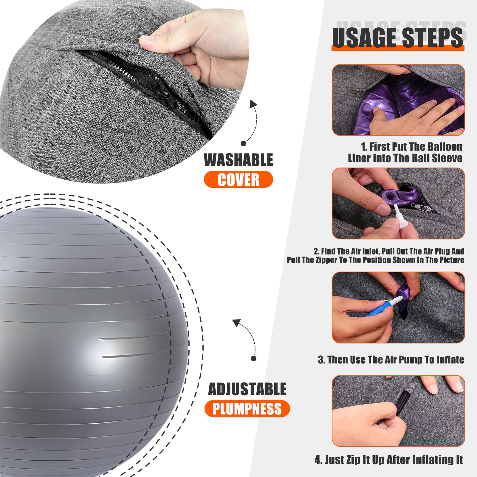 Stoff-Sitzball 65cm Schutzhülle für Gymnastikball Gymnastikball - Fitness-Ball Sitzball Büro mit Pumpe und Deckel Ergonomische Sitzmöbel für Büro und Heimbüro -Waschbarer Stoffbezug