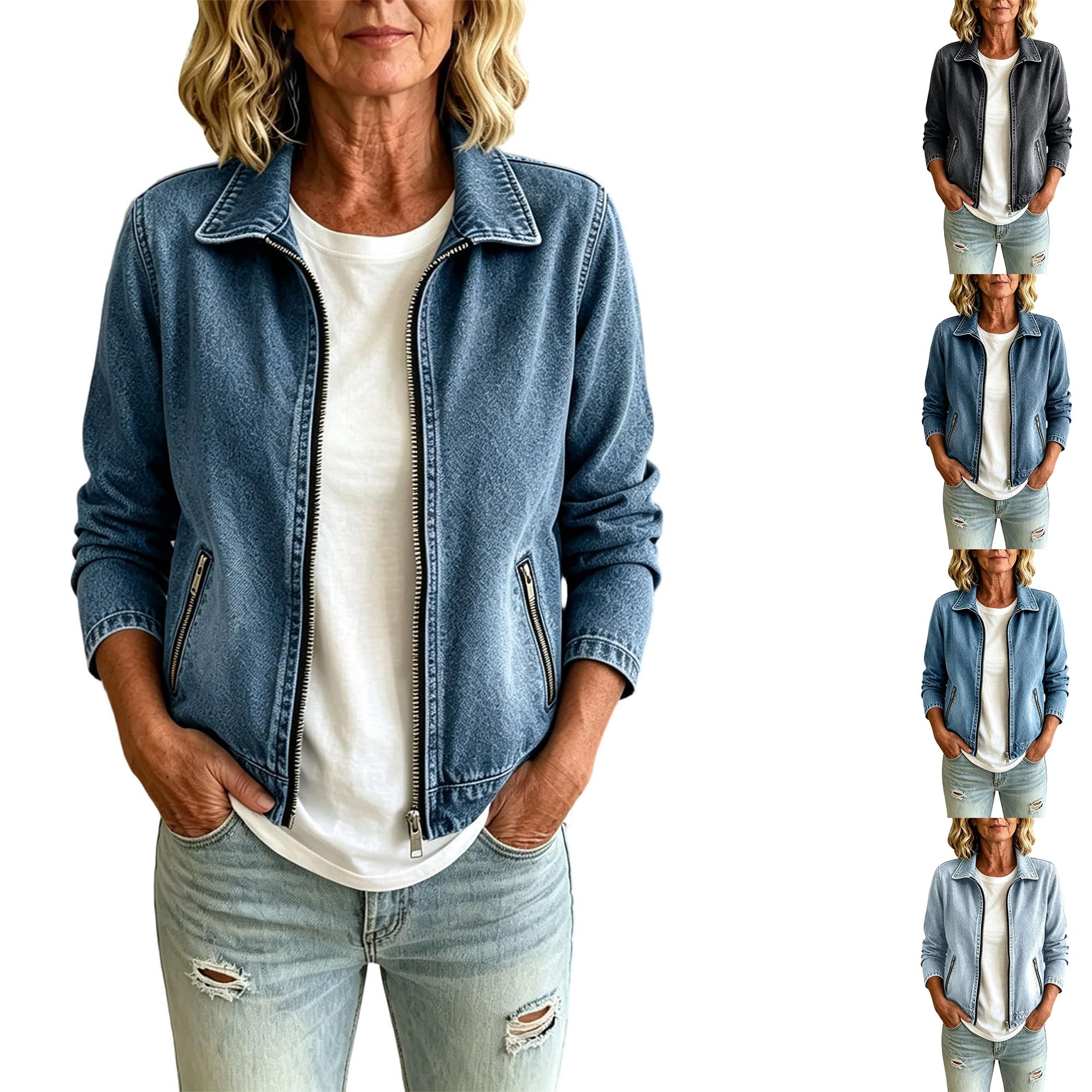 Jeansjacke Damen Oversize Jacke Casual Herbstjacke Zipper Kurzjacke Mode Kleidung Hemdjacke Frauen Übergangsjacke Sommer Herbst Jeansjacken Kurz Sweatjacke Langarm Denim Jacket Jeanshemd Damenjacken