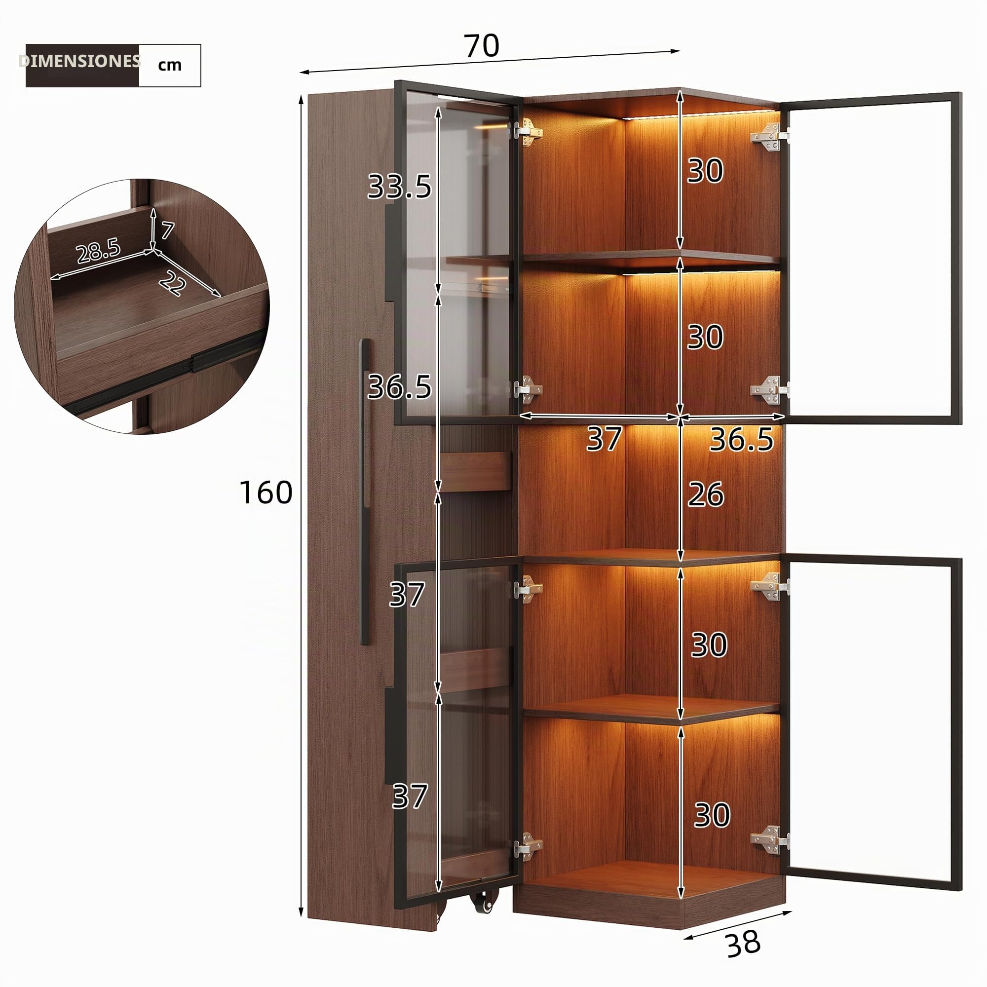 Vitrina con estante extensible – vitrina de doble cristal LED MDF nogal vitrina de cristal y almacenamiento armario alto multifuncional para salón, comedor, cocina, marrón