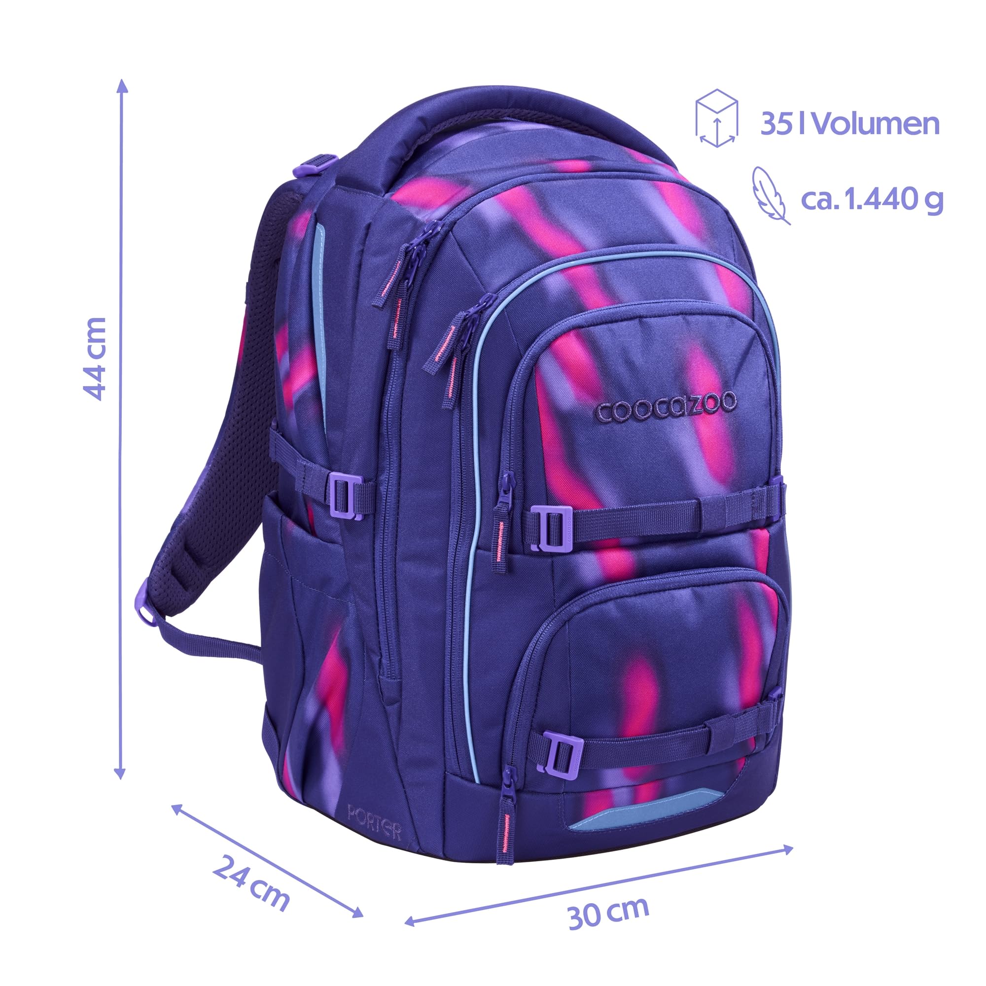 coocazoo Porter Schulrucksack „Aurora Glow”, lila, ergonomischer & anpassbarer Tornister, höhen- & größenverstellbar, mit Brustgurt & Hüftgurt, ab der 3. Klasse
