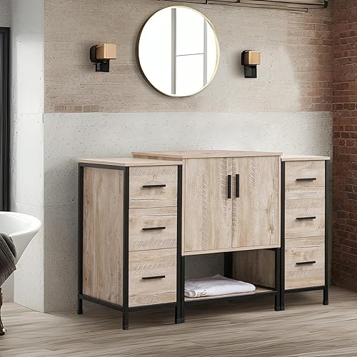 Miniatura 3 de UEV Juego de tocador de baño de roble rústico de 48 pulgadas con lavabo, marco de hierro industrial con armario lateral doble de 3 cajones (solo