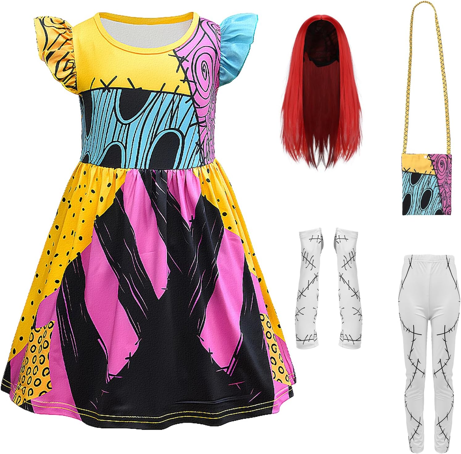 Kids Sally Costume Girls Nightmare Christmas Sally Dress Wig Bag Tights Glove Halloween Costumes Cosplay Outfit