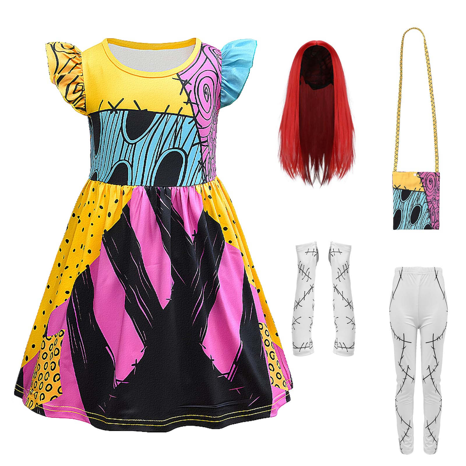 Makoike Sally Costume Kids Girls 5Pcs Nightmare Christmas Sally Dress Wig Bag Tights Glove Halloween Costume Cosplay Outfit 4-11 Years