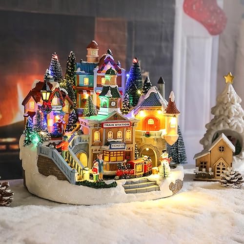 Miniatura 6 de Bdor Pueblo iluminado de Navidad con tren giratorio, 12.2 x 11 x 11 pulgadas, decoración navideña enchufable con música, centro de mesa musical LED