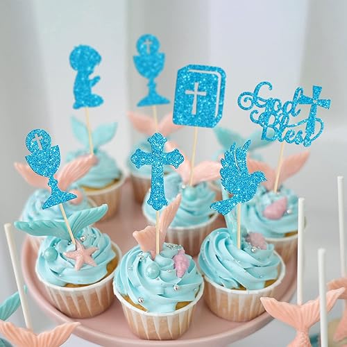 Miniatura 5 de Gyufise 24 piezas de decoración para magdalenas con purpurina de paloma con purpurina para la cruz de la Biblia para magdalenas, primera comunión,