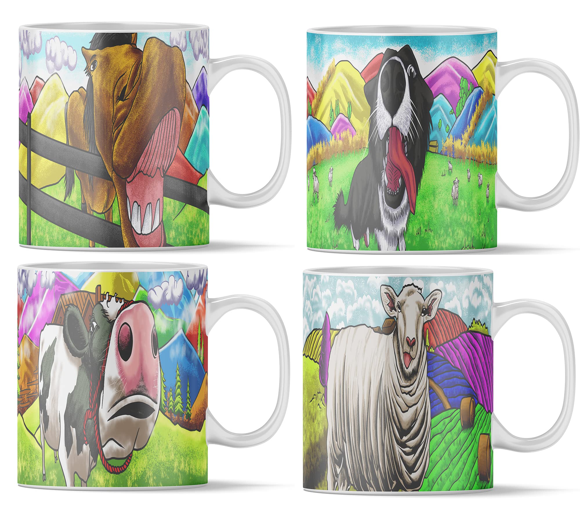 Bauernhoftier-Tassen-Set mit 4 x 11 Unzen - Hund, Pferd, Kuh und Schaf - Hochwertige Keramiktassen mit Tiermotiven | Kaffeetasse Teetasse Geschenkidee Geschenk | Tasse (4 x 11oz set Becher-Set)