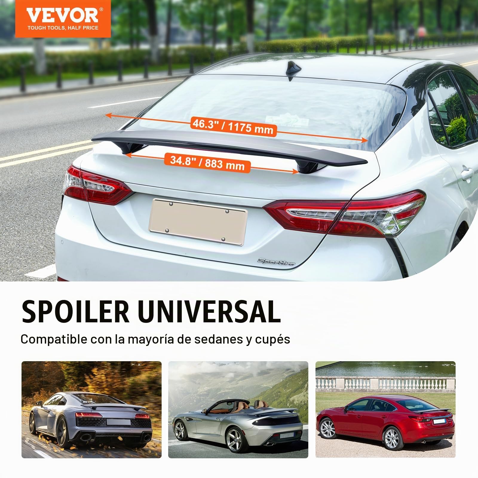 VEVOR Alerón de Coche, Alerón Universal de 1175 x 235 x 125 mm, Compatible con la Mayoría de los Sedanes y Cupés, Material ABS de Alta Resistencia, Alerón Trasero de Coche de Color Negro Brillante
