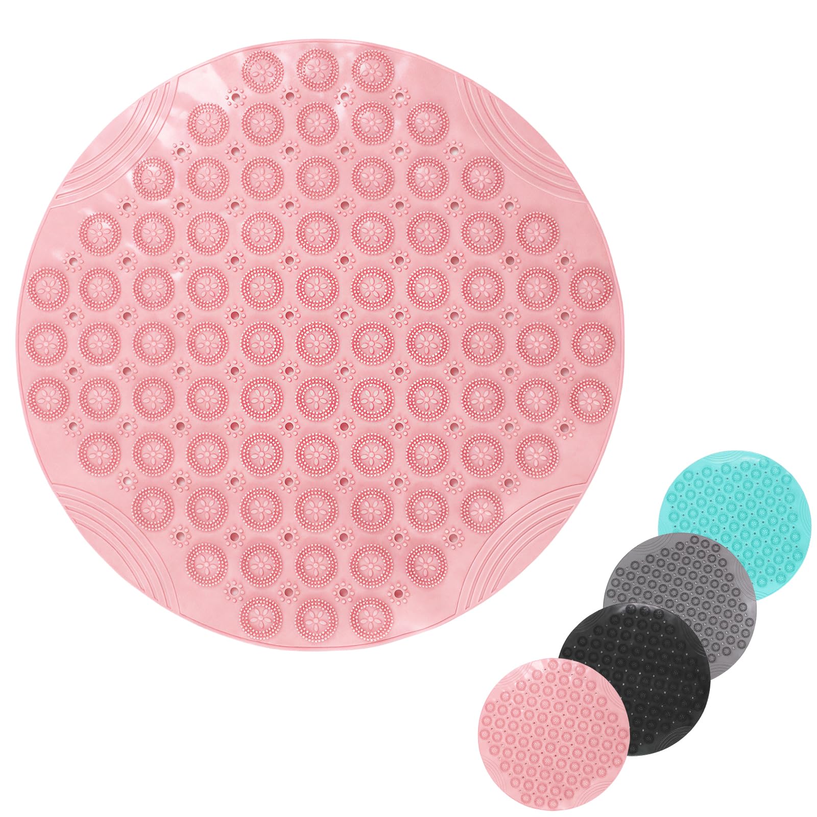 Shower Bath Mat 53x53cm,Extra Round Shower Mat Anti Mould Bath Mats Pink,Non Slip Bath Mat for Tub,Shower Mats with Suction Cups,Drain Holes,Machine Washable Bathroom Bathtub for Kids,Elderly